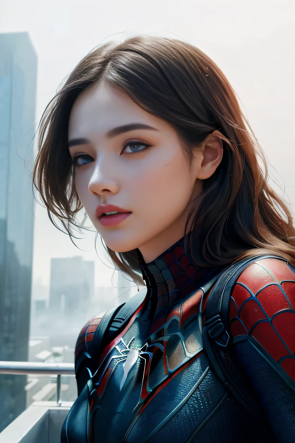 (1girl:1.3), Solo, (((Very detailed face)))), ((Very detailed eyes and face)))), Beautiful detail eyes, Body parts__, Official art, Unified 8k wallpaper, Super detailed, beautiful and beautiful, beautiful, masterpiece, best quality, original, masterpiece, super fine photo, best quality, super high resolution, realistic realism, sunlight, full body portrait, amazing beauty, dynamic pose, delicate face, vibrant eyes, (from the front), She wears Spider-Man suit, red and black color scheme, spider, very detailed city roof background, rooftop, overlooking the city, detailed face, detailed complex busy background, messy, gorgeous, milky white, highly detailed skin, realistic skin details, visible pores, clear focus, volumetric fog, 8k uhd, DSLR, high quality, film grain, fair skin, photo realism, lomography, futuristic dystopian megalopolis, translucent