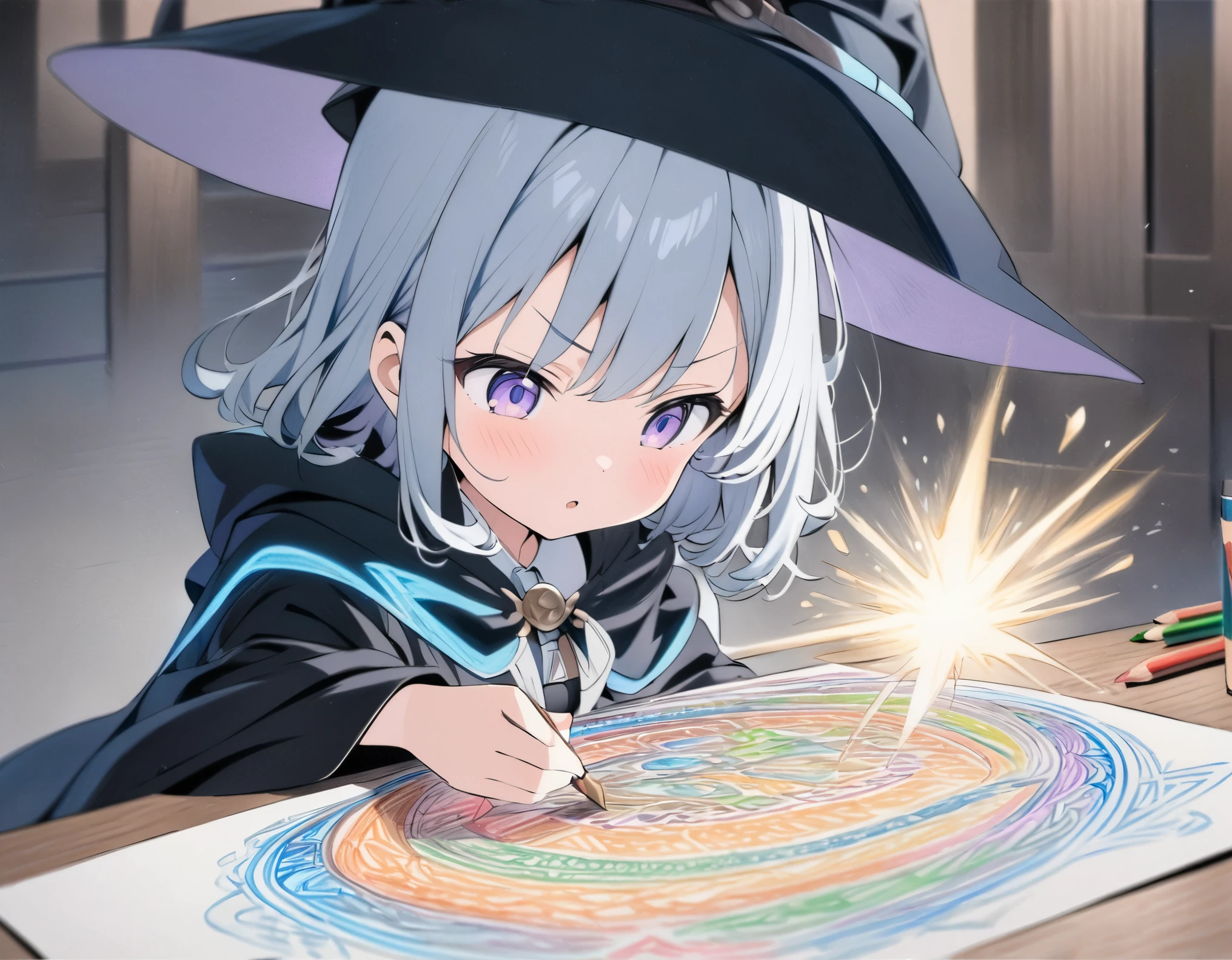 ((style:colored pencil,Pale colors)),(anime)、(masterpiece:1.2),Wizard robes and hats、girl、cute、Casting magic、magic circle
