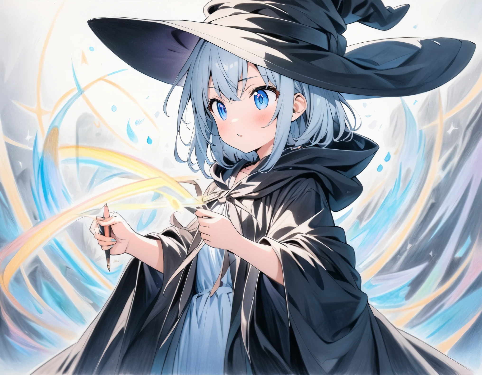 ((style:colored pencil,Pale colors)),(anime)、(masterpiece:1.2),Wizard robes and hats、girl、cute、Casting magic、magic circle