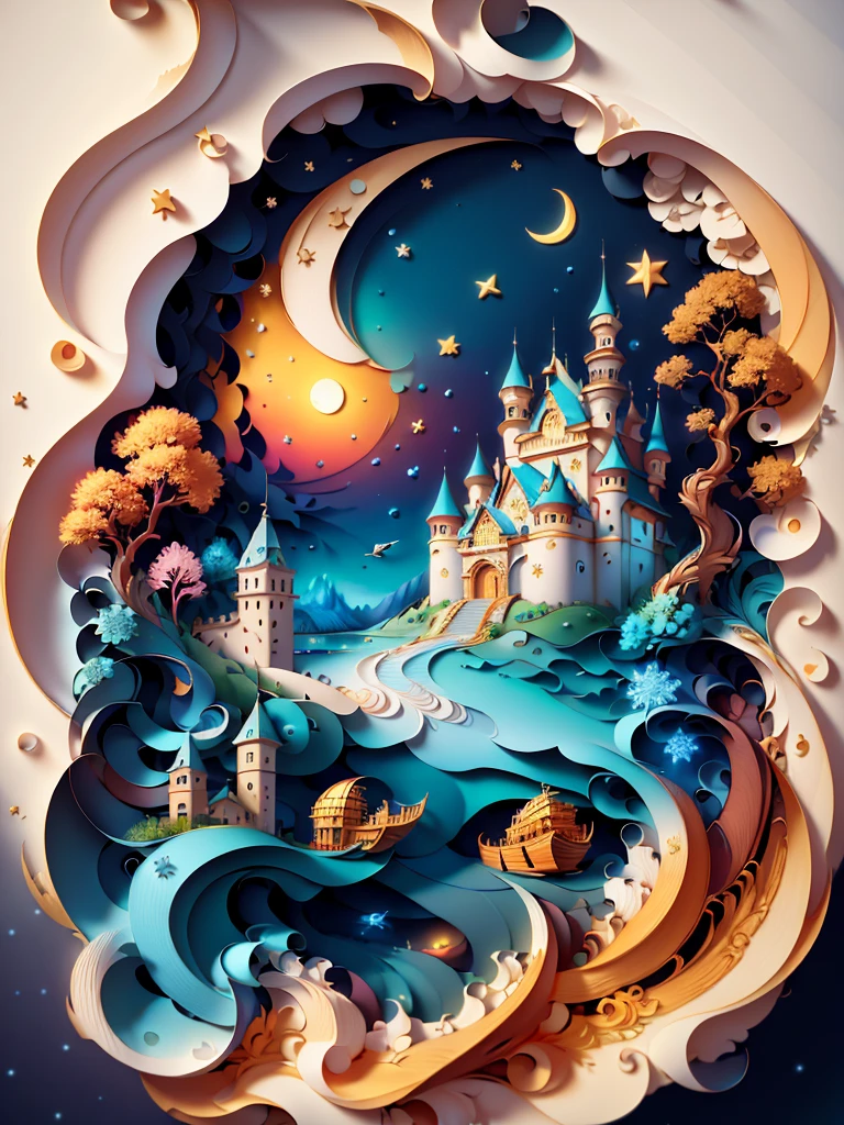 (((masterpiece))),best quality, illustration, sky, cloud, water, star \(symbol\), tree, no humans, night, bird, moon, building, star \(sky\), night sky, scenery, starry sky, watercraft, castle, ship, waves, tower, boat. vibrant color scheme, Soft light,(warm color:1.2),Water color painting, light background, best quality exquisite details,3d rendering,Octane render, pastel, paper_cut