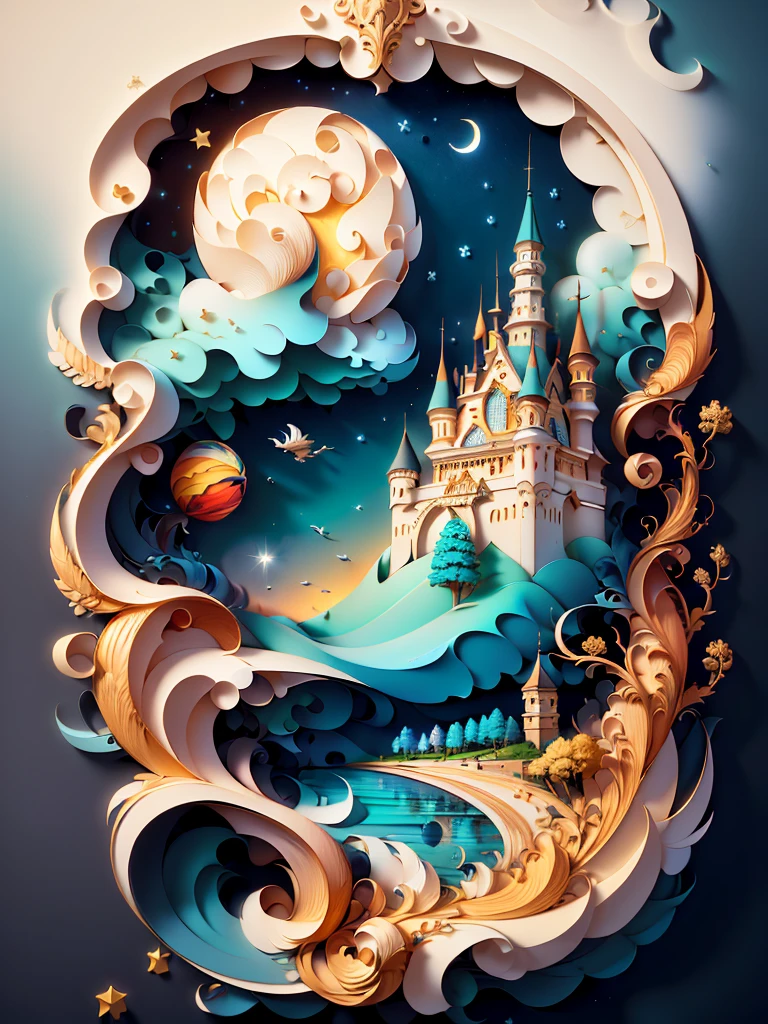 (((masterpiece))),best quality, illustration, sky, cloud, water, star \(symbol\), tree, no humans, night, bird, moon, building, star \(sky\), night sky, scenery, starry sky, watercraft, castle, ship, waves, tower, boat. vibrant color scheme, Soft light,(warm color:1.2),Water color painting, light background, best quality exquisite details,3d rendering,Octane render, pastel, paper_cut