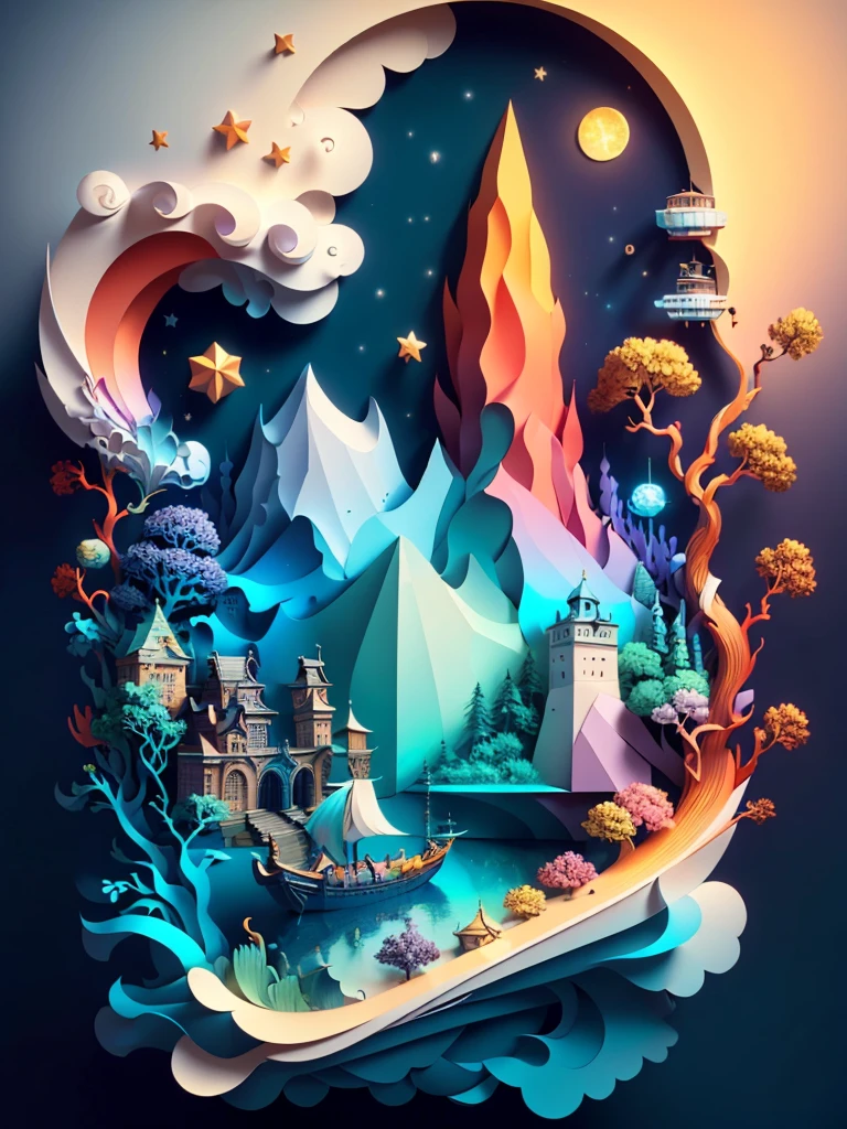 (((masterpiece))),best quality, illustration, sky, cloud, water, star \(symbol\), tree, no humans, night, bird, moon, building, star \(sky\), night sky, scenery, starry sky, watercraft, castle, ship, waves, tower, boat. vibrant color scheme, Soft light,(warm color:1.2),Water color painting, light background, best quality exquisite details,3d rendering,Octane render, pastel, paper_cut