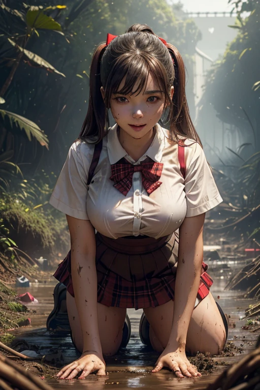 school girl in forest , tropical rainforest , waistband of skirt is at the point above chest , school girl big breast , red knot , red bow , skirt dark red , plaid skirt , pleated skirt , dirty white Shirt , realisitic、top-quality、crisp photos 、a lot of garbage and junk 、((beautiful a girl、Constricted waist、Neat face、Most beautiful face、Elaborate face、dense dirty brown hair、Refreshing look、Pleasant look、Happy expression、Joy covered in filth、Glad to get dirty))、(dirty school girl uniform、Tangier、brawn hair)、((long and beautiful legs are dirty、Lying face down on filth、Girl with beautiful ass、Scoop out filth with both hands、Beautiful girl's hair is covered in mud、The joy of lying in dirty sewage))、(((I want to smear filth all over my body.、A large amount of sewage flows down the head、The whole body is full of filth、Stick out your buttocks and open your legs、a large amount of dirty garbage and waste,,、Heaps of garbage)) , twin tails hair , dirty white Pantyhose , School shoes, dirty white socks