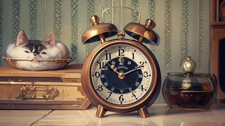 French bulldog sitting and barking。An antique alarm clock in front of me