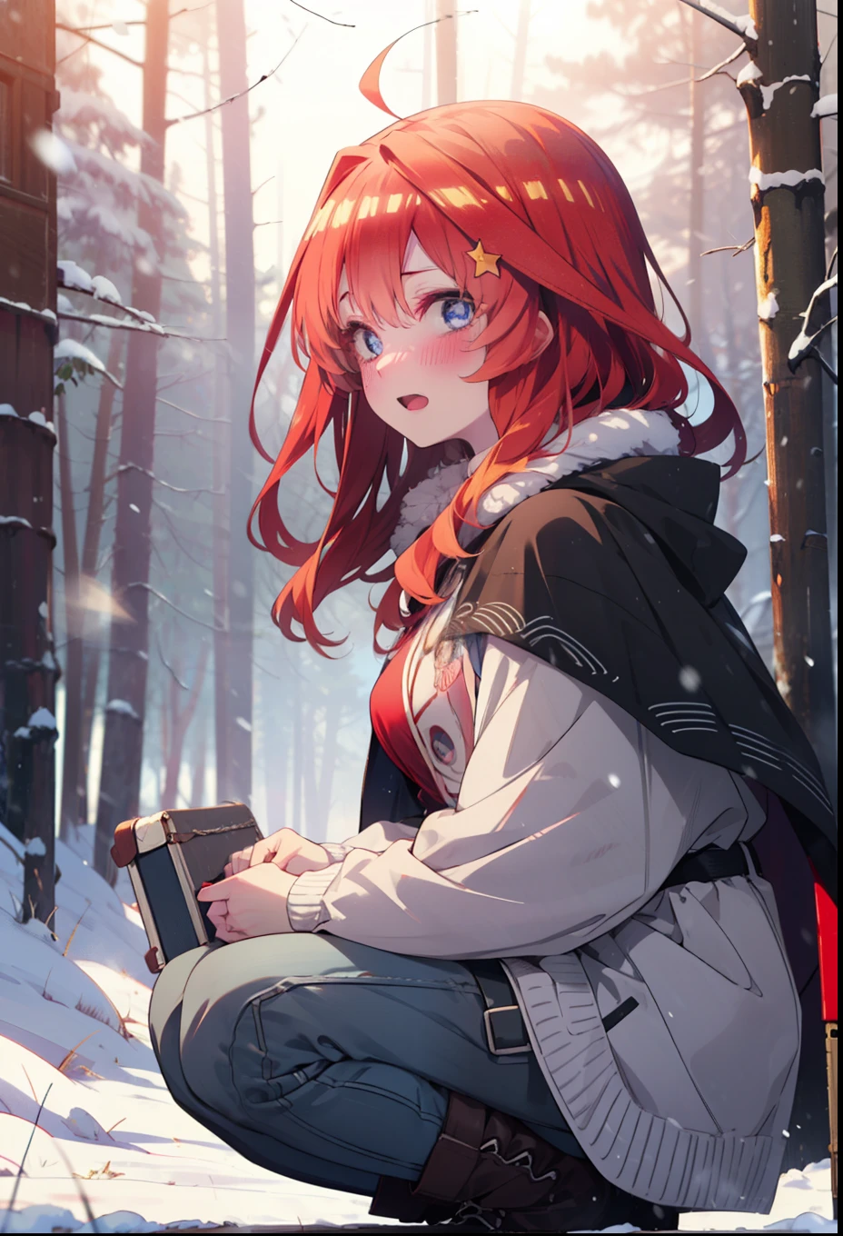 itsukinakano, Itsuki Nakano, bangs, blue eyes, Hair between the eyes, Ahoge, Redhead, star \(symbol\), hair ornaments, star hair ornaments,smile,blush,White Breath,
Open your mouth,snow, fire, Outdoor, boots, snowing, From the side, wood, suitcase, Cape, Blurred, Increase your meals, forest, White handbag, nature,  Squat, Mouth closed, フードed Cape, winter, Written boundary depth, Black shoes, red Cape break looking at viewer, Upper Body, whole body, break Outdoor, forest, nature, break (masterpiece:1.2), highest quality, High resolution, unity 8k wallpaper, (shape:0.8), (Beautiful and beautiful eyes:1.6), Highly detailed face, Perfect lighting, Extremely detailed CG, (Perfect hands, Perfect Anatomy),