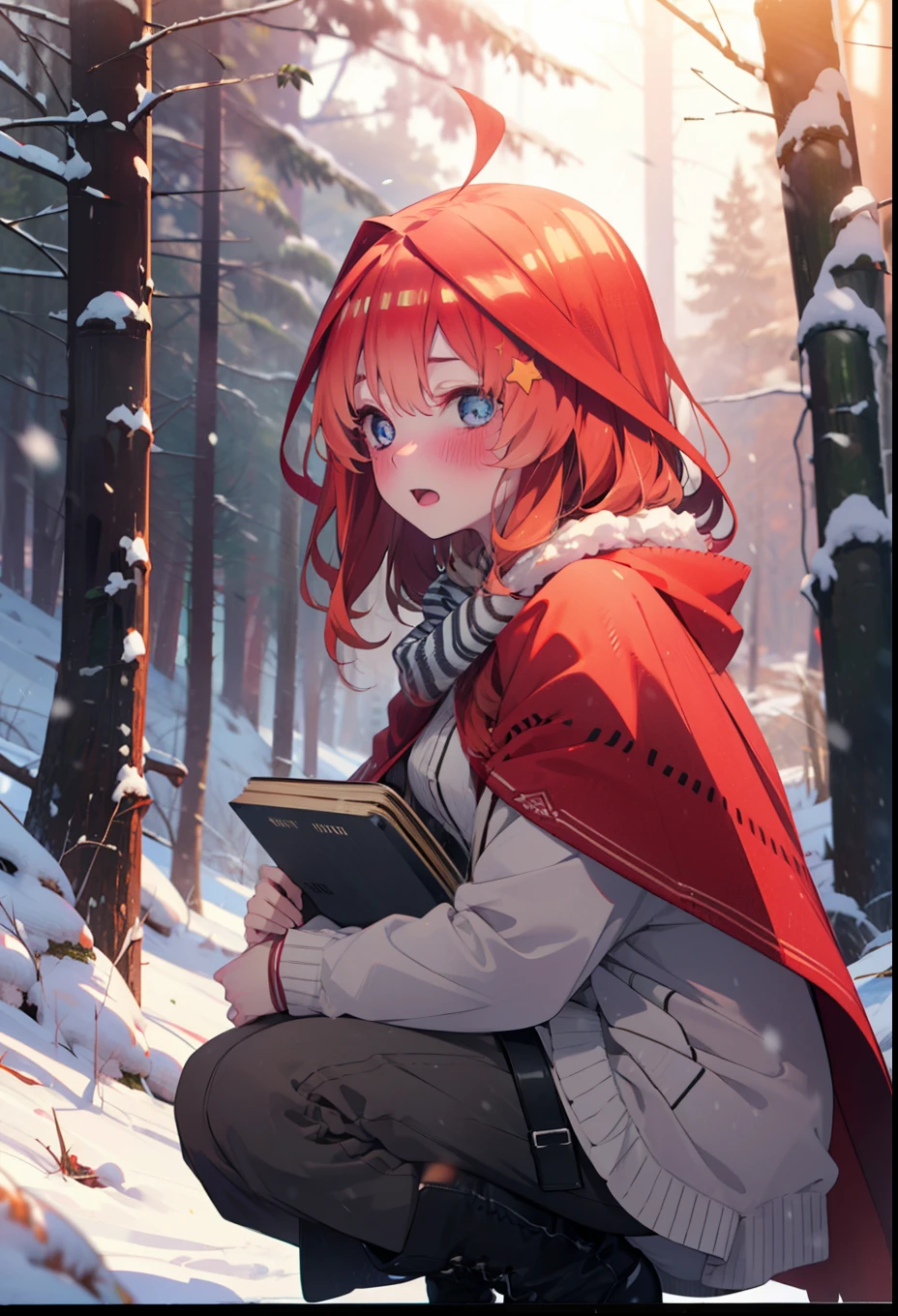 itsukinakano, Itsuki Nakano, bangs, blue eyes, Hair between the eyes, Ahoge, Redhead, star \(symbol\), hair ornaments, star hair ornaments,smile,blush,White Breath,
Open your mouth,snow, fire, Outdoor, boots, snowing, From the side, wood, suitcase, Cape, Blurred, Increase your meals, forest, White handbag, nature,  Squat, Mouth closed, フードed Cape, winter, Written boundary depth, Black shoes, red Cape break looking at viewer, Upper Body, whole body, break Outdoor, forest, nature, break (masterpiece:1.2), highest quality, High resolution, unity 8k wallpaper, (shape:0.8), (Beautiful and beautiful eyes:1.6), Highly detailed face, Perfect lighting, Extremely detailed CG, (Perfect hands, Perfect Anatomy),