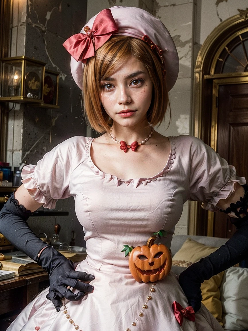 (1 lady), The beautiful, (Best quality at best:1.4), (ultra - detailed), (extremely detailed CG unified 16k), orange redhair, very detailed, High-definition RAW color photo, professional photoshooting, amazing face and eyes, cosmetics, (amazingly beautiful girl), ((lambdadelta, tall woman, taller)), ((dress, red bow, pink hat, necklace, gloves, pearl, pink dress, pumpkin brooch)), standing, realistic cinematic face, photo portrait, upper body (shoulders to head), photorealistic, ((realistic natural orange redhair style, red eyes)), gorgeous, extremely beautiful face, perfect model beauty, pout mouth, flirting smile, cleavages, city girl, western, (masterpiece), best quality, high resolution, extremely detailed, blurred background, depth of field, cinematic lighting, clear and well-cared skin
