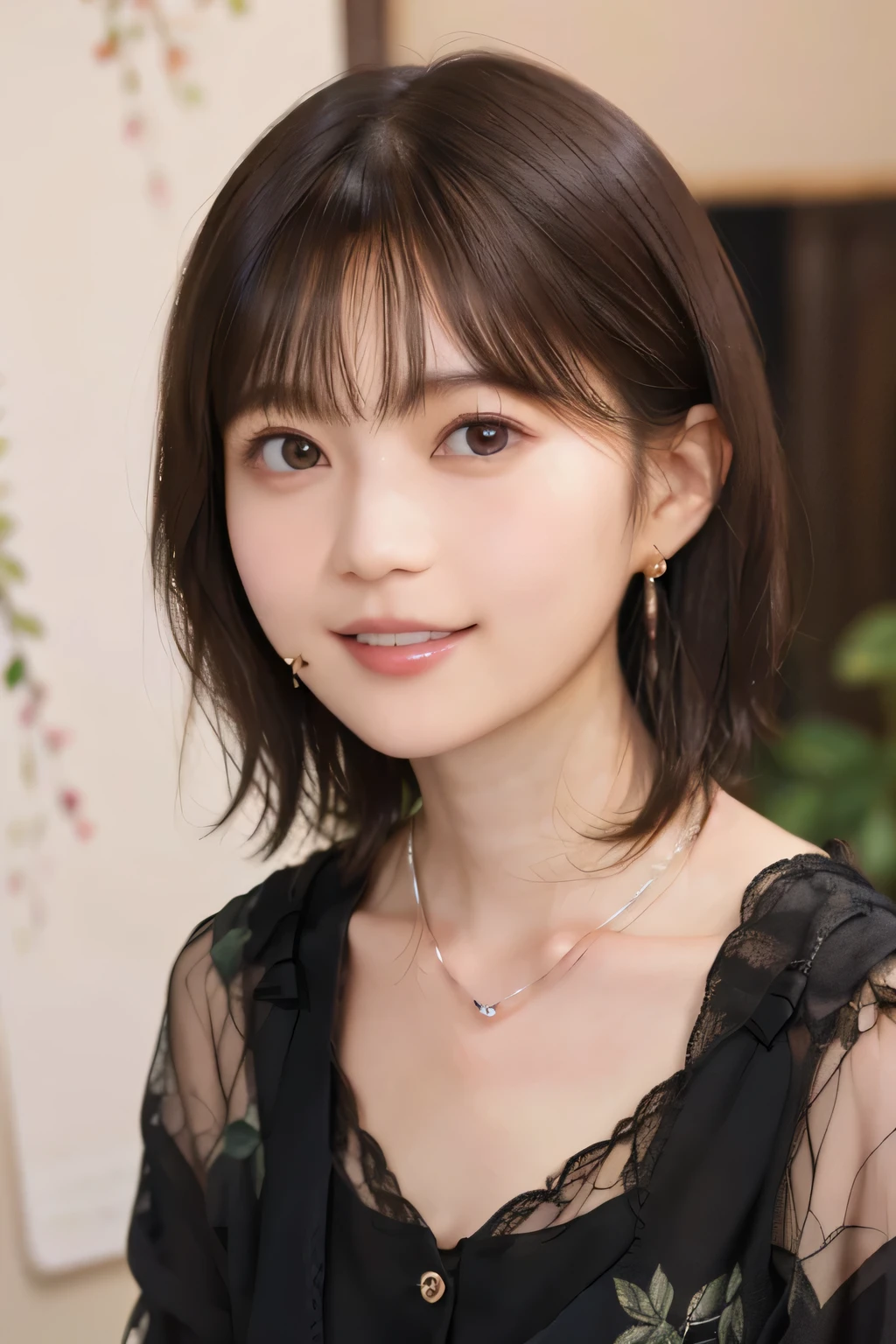 205 ((short hair)), 20 year old female, surrealism, Floral smile、Beautiful teeth alignment、Brown Hair、Ear piercing、Necklace around the neck