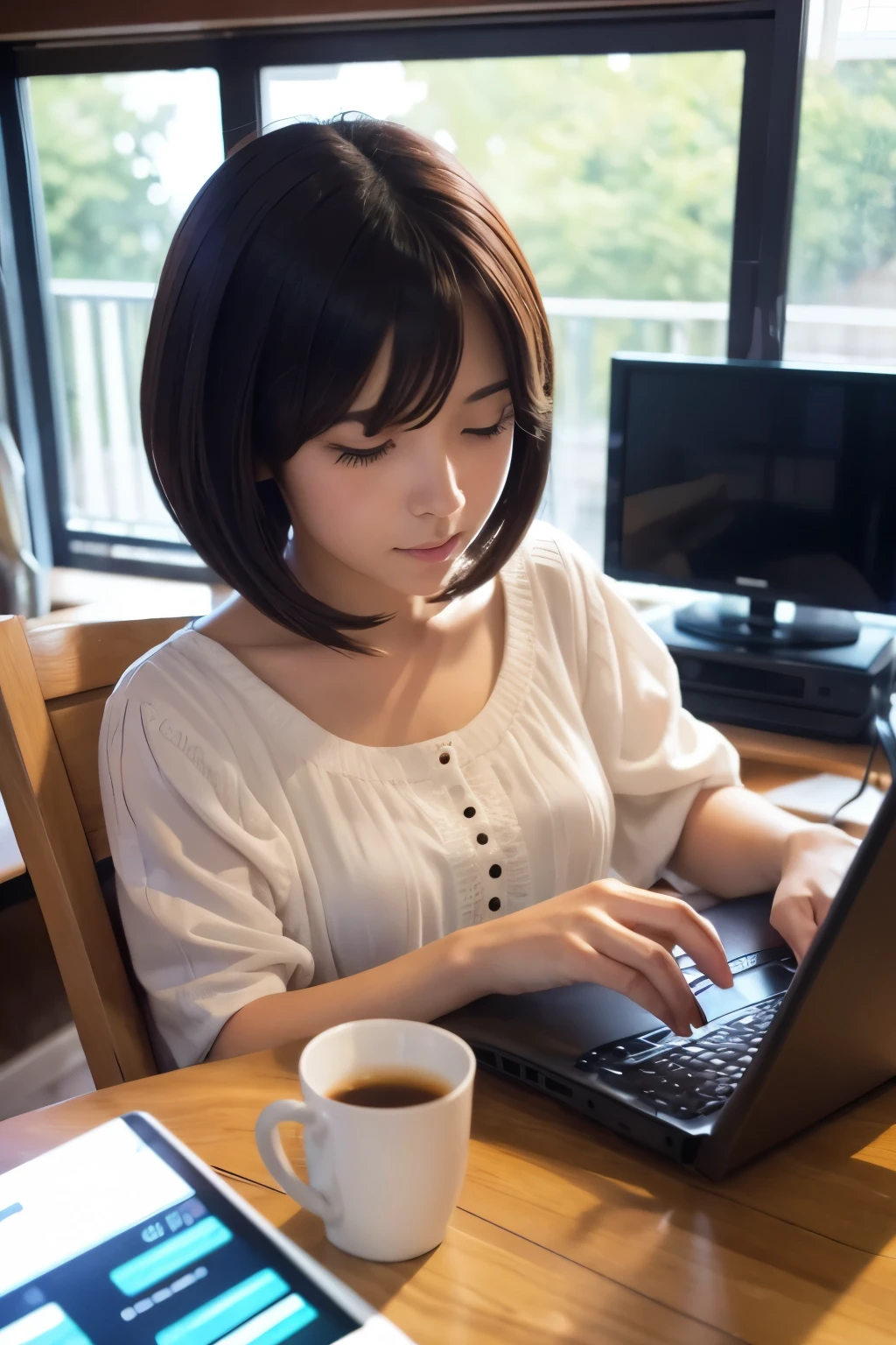 Anime taste,Bob Hair,woman,Using a computer,Calico cat next to