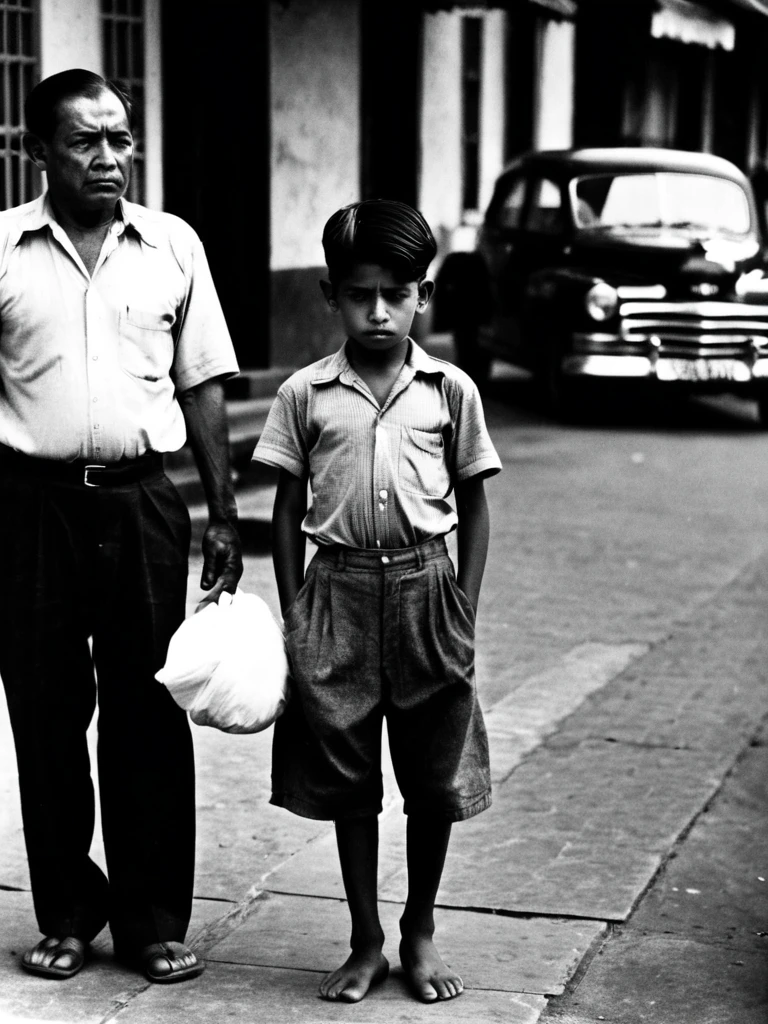 An old black and white photograph taken around 1945 in Indonesia. The setting is a busy street, lined with colonial-era buildings and towering palm trees. In the foreground, an Indonesian young boy stands patiently, his back resting against the brick wall of a shop. He wears a simple cotton shirt and shorts, typical attire for a boy of his age during that time. His feet are bare, and his hair is neatly combed. His big, innocent eyes gaze down the street, scanning the passing pedestrians and vehicles. A slight breeze blows through his hair, causing his shoulders to rise and fall rhythmically. The boy appears to be waiting for someone, anxiously anticipating the arrival of his father, who has been away at war. He clutches a small handkerchief in his hand, the fabric worn thin from use and stored safely in his pocket. The boy's face holds a mix of hope and worry, reflecting the turmoil of the times and the uncertainty of his father's return. In the background, people bustle about their daily lives, oblivious to the weight of history and the personal drama unfolding before them.