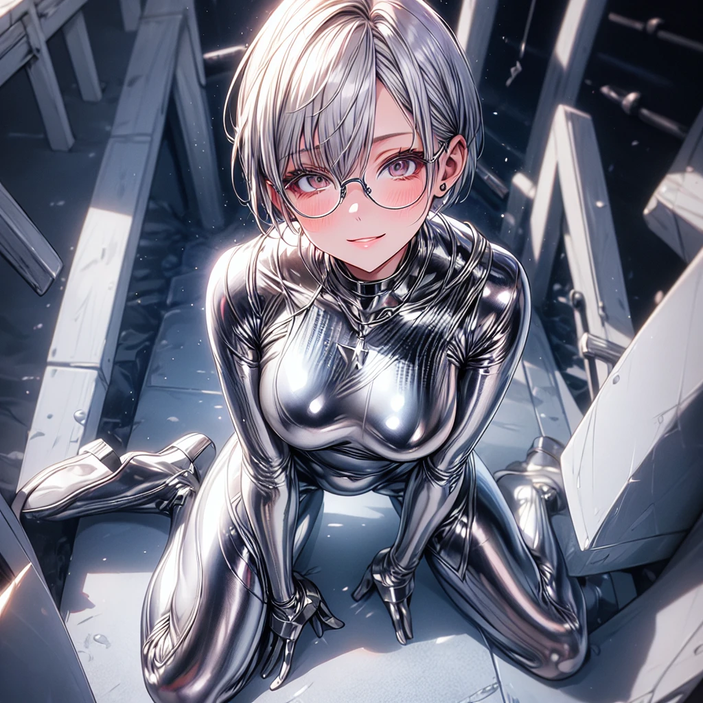 Highest quality 8K UHD、Mastepiece、short hair、Wide-open legs、Squatting with legs apart、Silver Hair、Glasses、Shiny silver tights、A beautiful woman wearing a silver metallic suit、Full body silver metallic rubber suit