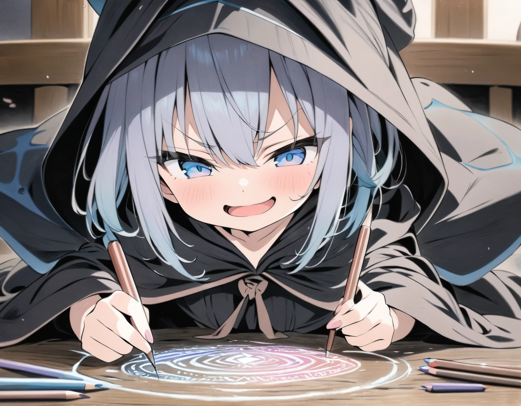 ((style:colored pencil,Pale colors)),(anime)、(masterpiece:1.2),Wizard robes and hats、girl、cute、Casting magic、magic circle、Smug face
