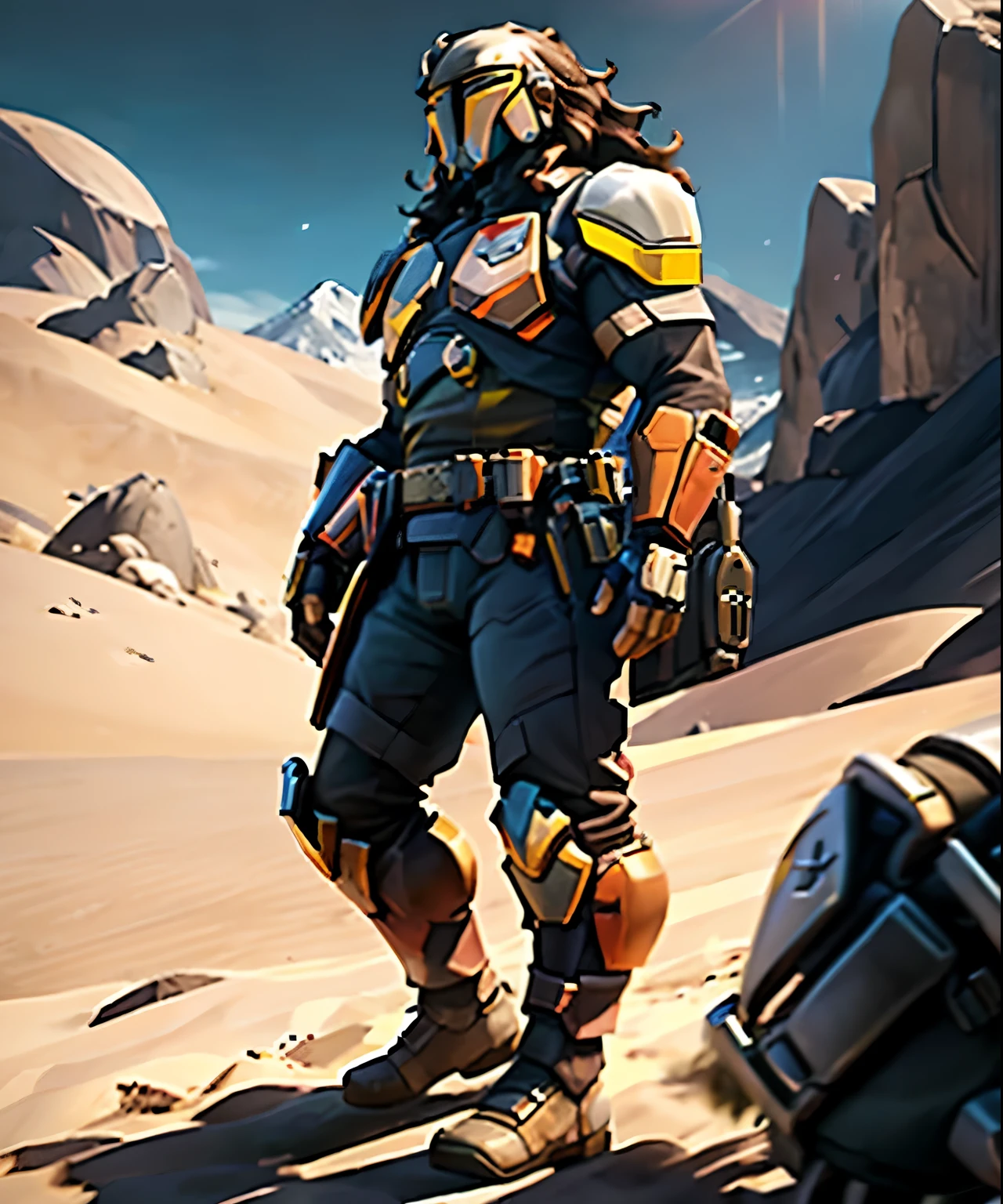 mauga_overwatch, mountains_Supervision, mirando al espectador, de pie, (Mandalorian armor, 1boy, solo,, armadura) Fondo un desierto