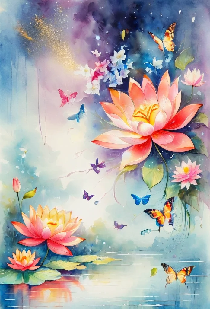 This abstract watercolor flower painting shows a light and refreshing visual effect。Lotus flowers and butterflies intertwined in the lake,Forming the perfect combination of nature and romance。The screen is dominated by a white background,Highlight isolated watercolor flower。Splash technology recreates wet conditions,The atmosphere seems vague and dreamy。Unique compositions and abstract representation add to the artistic feel of the picture,Contains elements of surrealism。The overall color tone is mainly light tones,Red and gold complement each other,Reveal high-resolution details。The ink splash effect adds a touch of agility to the picture,The pale color gives the flowers a deep and restrained beauty.