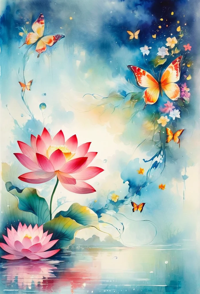 This abstract watercolor flower painting shows a light and refreshing visual effect。Lotus flowers and butterflies intertwined in the lake，Forming the perfect combination of nature and romance。The screen is dominated by a white background，Highlight isolated watercolor flower。Splash technology recreates wet conditions，The atmosphere seems vague and dreamy。Unique compositions and abstract representation add to the artistic feel of the picture，Contains elements of surrealism。The overall color tone is mainly light tones，Red and gold complement each other，Reveal high-resolution details。The ink splash effect adds a touch of agility to the picture，The pale color gives the flowers a deep and restrained beauty.
