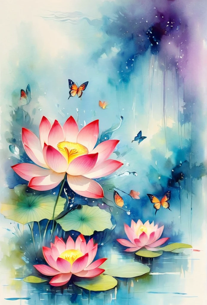 This abstract watercolor flower painting shows a light and refreshing visual effect。Lotus flowers and butterflies intertwined in the lake，Forming the perfect combination of nature and romance。The screen is dominated by a white background，Highlight isolated watercolor flower。Splash technology recreates wet conditions，The atmosphere seems vague and dreamy。Unique compositions and abstract representation add to the artistic feel of the picture，Contains elements of surrealism。The overall color tone is mainly light tones，Red and gold complement each other，Reveal high-resolution details。The ink splash effect adds a touch of agility to the picture，The pale color gives the flowers a deep and restrained beauty.
