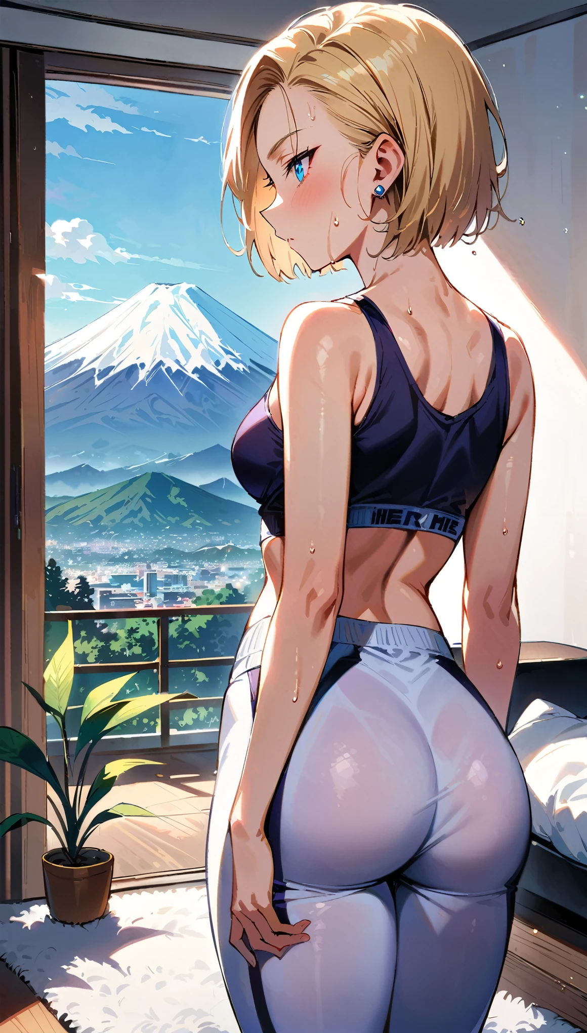 (masterpiece, best quality:1.2), rear view shot, Android 18 from Dragon Ball, standing, looking over her shoulder to face the camera, slight cool, speaking to the camera, (purple training wear e.g. sports bra and leggings), purple training shoes, (white over-ear headphones), short blonde hair, her sweaty forehead, blue eyes, earrings on earlobes, sweating, slender feminine figure, narrow waistline, slim thighs visible from behind, tight slim buttocks visible from behind, soft gentle expression, modern feminine room, white decor, white plush rug, potted plants, daylight streaming, large windows, Mount Fuji, morning, 4K