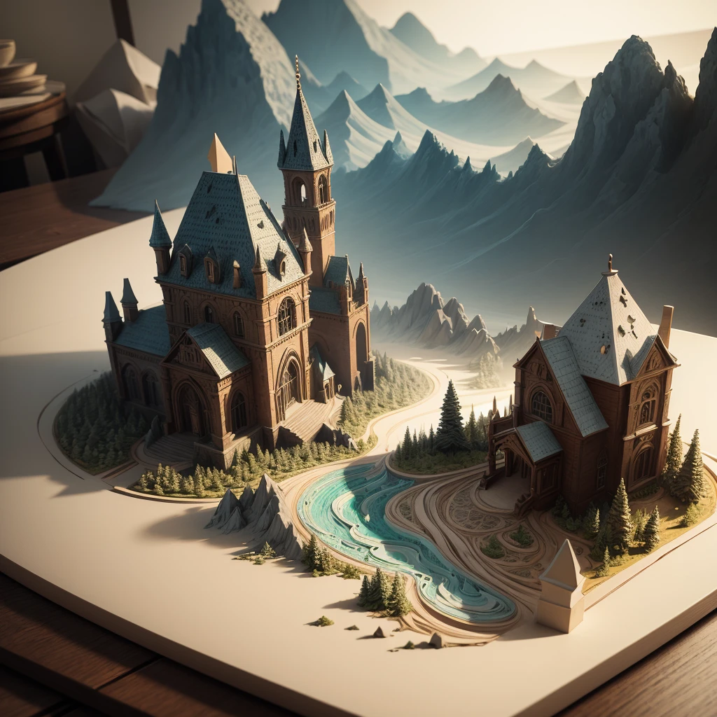 On a plate,(Paper carving):Dream landscape painting