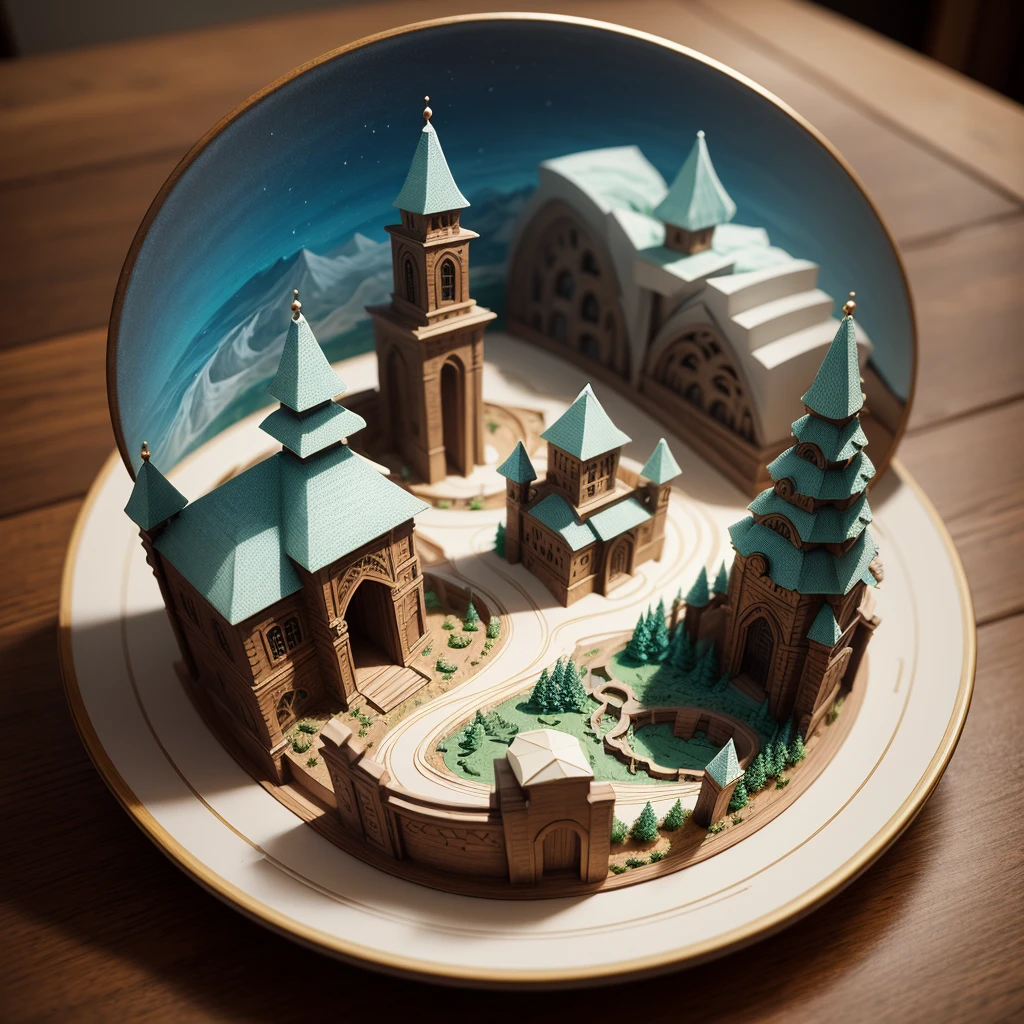 On a plate,(Paper carving):Dream landscape painting