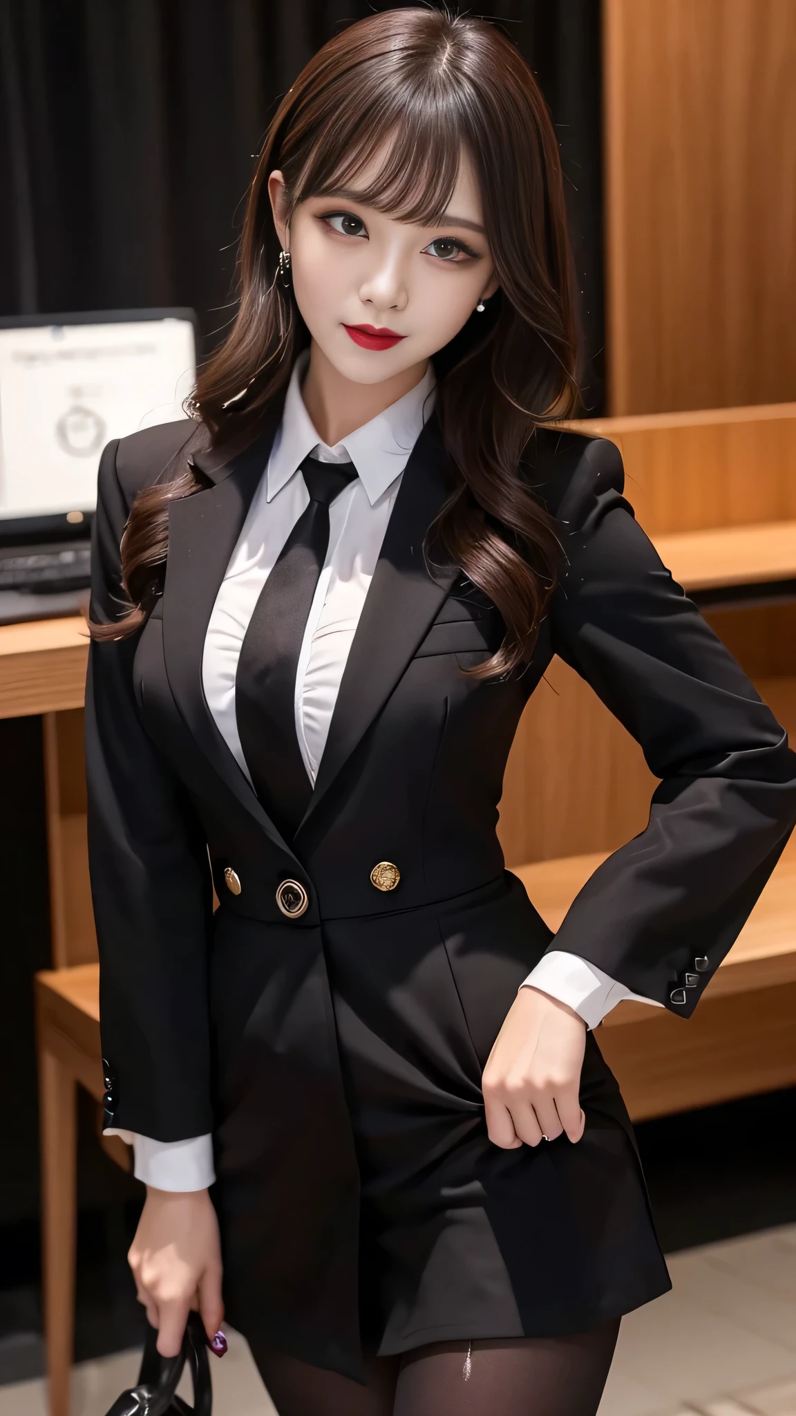 best quality、ultra-detailed、4k、Japanese、Seductive beauty、seductive adult woman、Pretty Woman、cool girl、Villainess、Brainwashed、brainwash、Fallen into evil、smirk、Evil look、Wicked Smile、evil、Brown hair、wavy hair、swept bangs、dark makeup、dark makeup、piercing eyes、hollow eyes,half-closed eyes、Hollow Eyes、purple Eyeshadow、black lipstick、black lipglos、office staff suit、suit、Jacket、Black sleeves、White Shirt、Black Ribbon、Tight Skirt、pantyhose、stockings、High heels、night、inside darkroom、Are standing、shoot from below、Have lipstick、Emblem of Evil、Crest of Darkness、Swear allegiance、I have pledged my allegiance、Dye black、Blackening、Stained with evil、Dyed in darkness、Seduce、