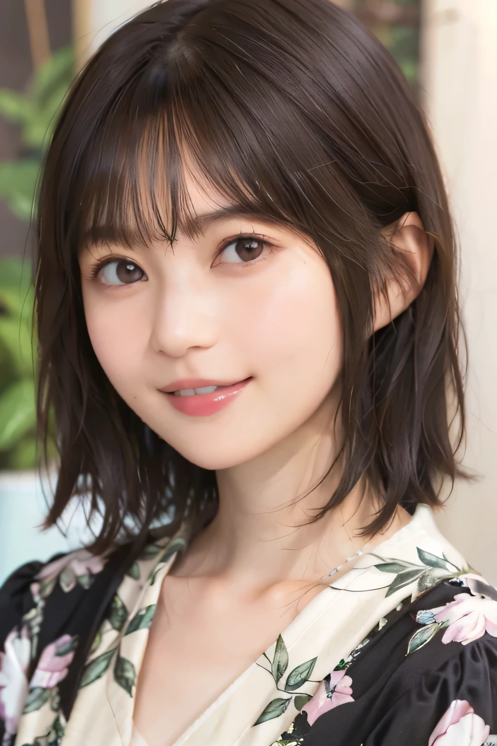 205  ((short hair)), 20 year old female, surrealism, Floral smile、Beautiful teeth alignment、Brown Hair耳にピアス、Dark brown hair