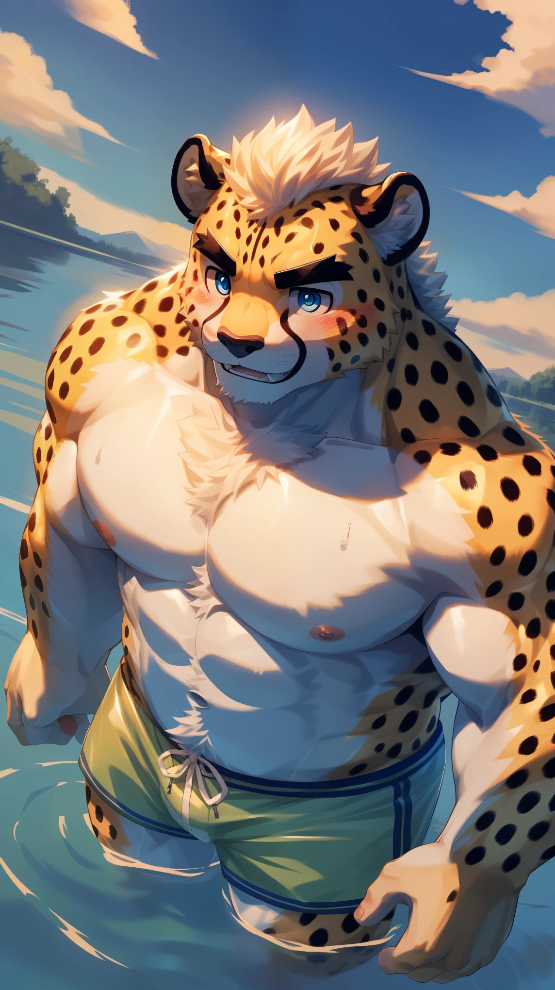 Solitary, anthropology, hairy, male, Cheetah, ((fluffy fur, hairy body)), (Cheetah印), (Thick eyebrows), youth, muscular, White skin, White big muscle, Golden pupils, de-tailed teeth, defaced face, Fundos, Visitors, pink tit clusters, Waist-down soak in natural hot springs, Small bump, One hand raised to touch the head, (sideways:1.5), Shy expression, A faint smile, blush, Clear facial features, Strong, Sweat, majestic, solitary, Full body image, Fog atmosphere, early morning, Tyndall rays, Natural stone, Plants in the cracks of rocks (through empty ghost, From cheetah20, masterpiece, high quality, high resolution,8k), permanent, Bust, (Vision)