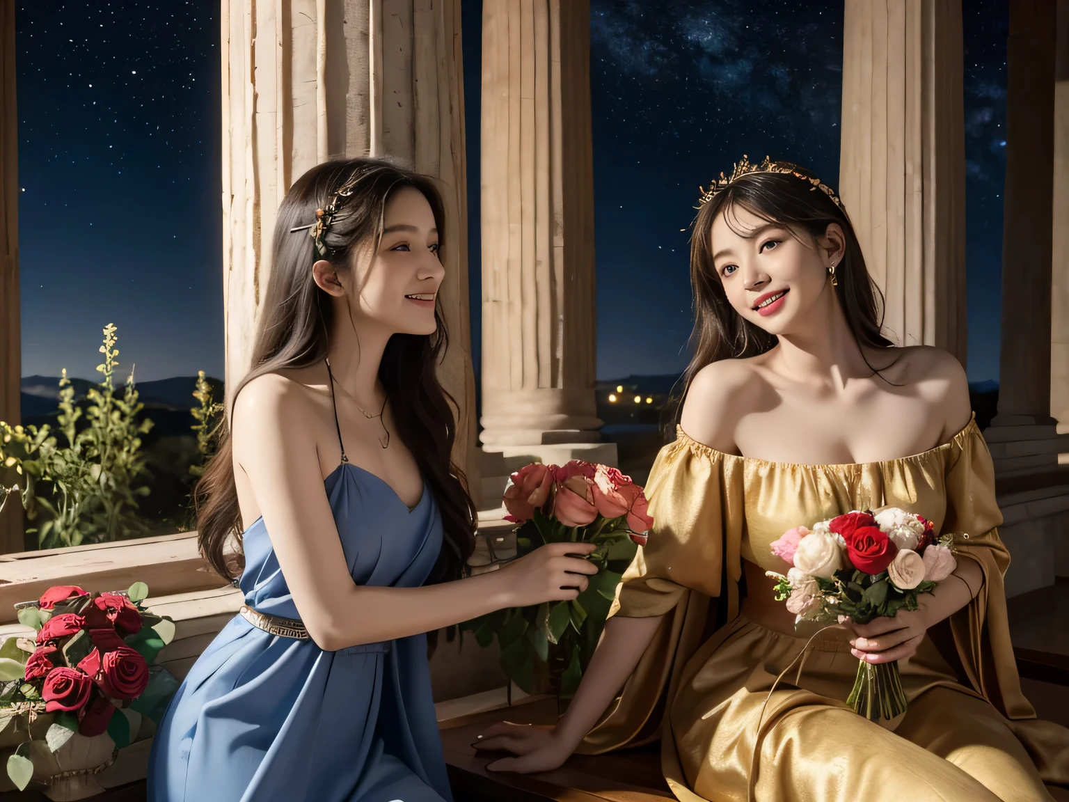 Giorgione painting style,Arguments of two female Philosophe,math、astronomical machine、astronaut、roses in vase、fruits、Cute trinkets、smile、ancient greek costume、Background is a forest lake at night 、Clothes that stretch your shoulders、A big smile、beautiful bare skin、A detailed representation of the seducing woman throughout her body.