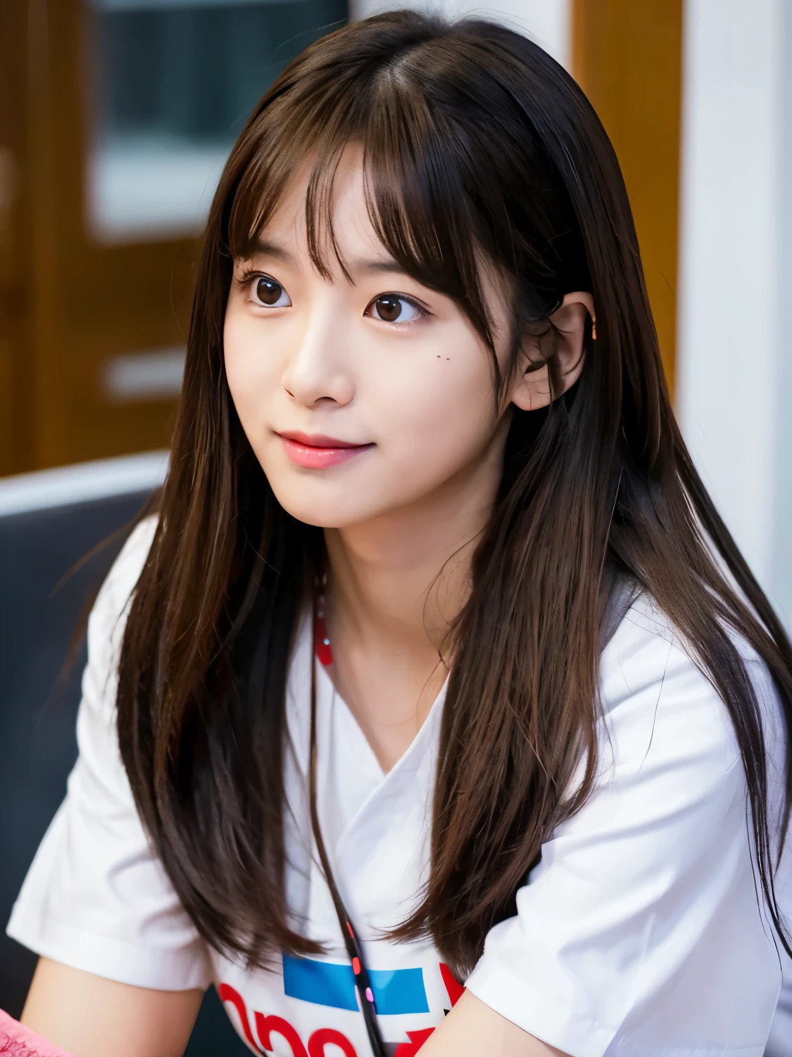 there is a woman with long hair sitting at a table, wan adorable korean face, shot on nikon z9, young adorable korean face, portrait of female korean idol, she has a cute expressive face, young cute wan asian face, captured on canon eos r 6, she has a cute face, shot on canon eos r 5, shot on canon eos r5
