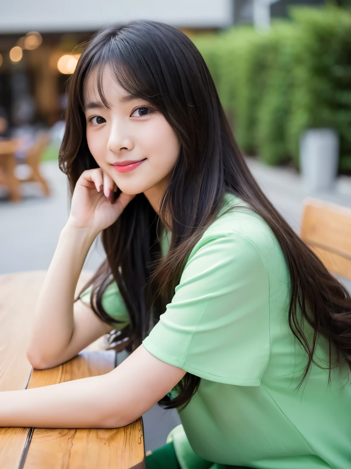 there is a woman with long hair sitting at a table, wan adorable korean face, shot on nikon z9, young adorable korean face, portrait of female korean idol, she has a cute expressive face, young cute wan asian face, captured on canon eos r 6, she has a cute face, shot on canon eos r 5, shot on canon eos r5