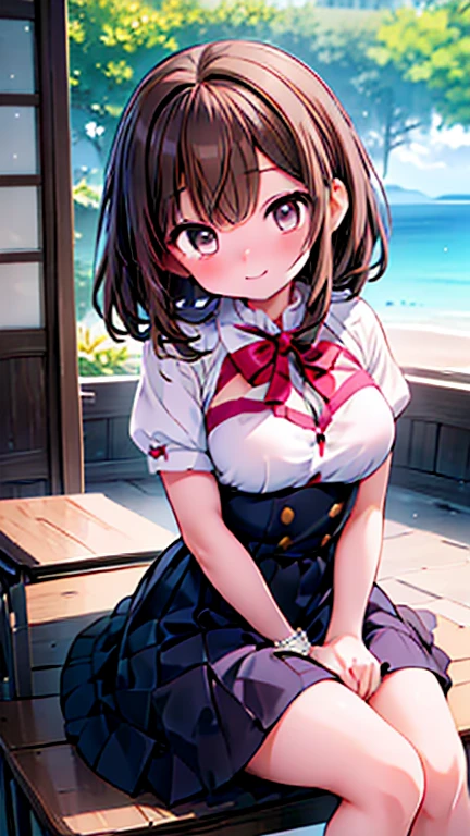 highest quality, masterpiece, Ultra-high resolution, 8k, Summer sky, early summer, (((Summer clothes)), Show anime style , One, Soft Line Art, Digital Enhancement, shojo anime touch, shojo manga core, Flowing fabric, close, (Short brown hair)), Wet Hair, Staring at us from the front, Soft Drawing, Beautiful brown hair, Clear brown eyes, A little chubby,Small breasts,(((Teasing Smile)) , Ultra High Definition Digital Anime Art, Clear facial depiction, Highly detailed girl manga character art, Ultra-detailed manga style, highest qualityの色, hand, Landscape with nature, Look up at the sky, Angle that allows you to see all the way to your feet