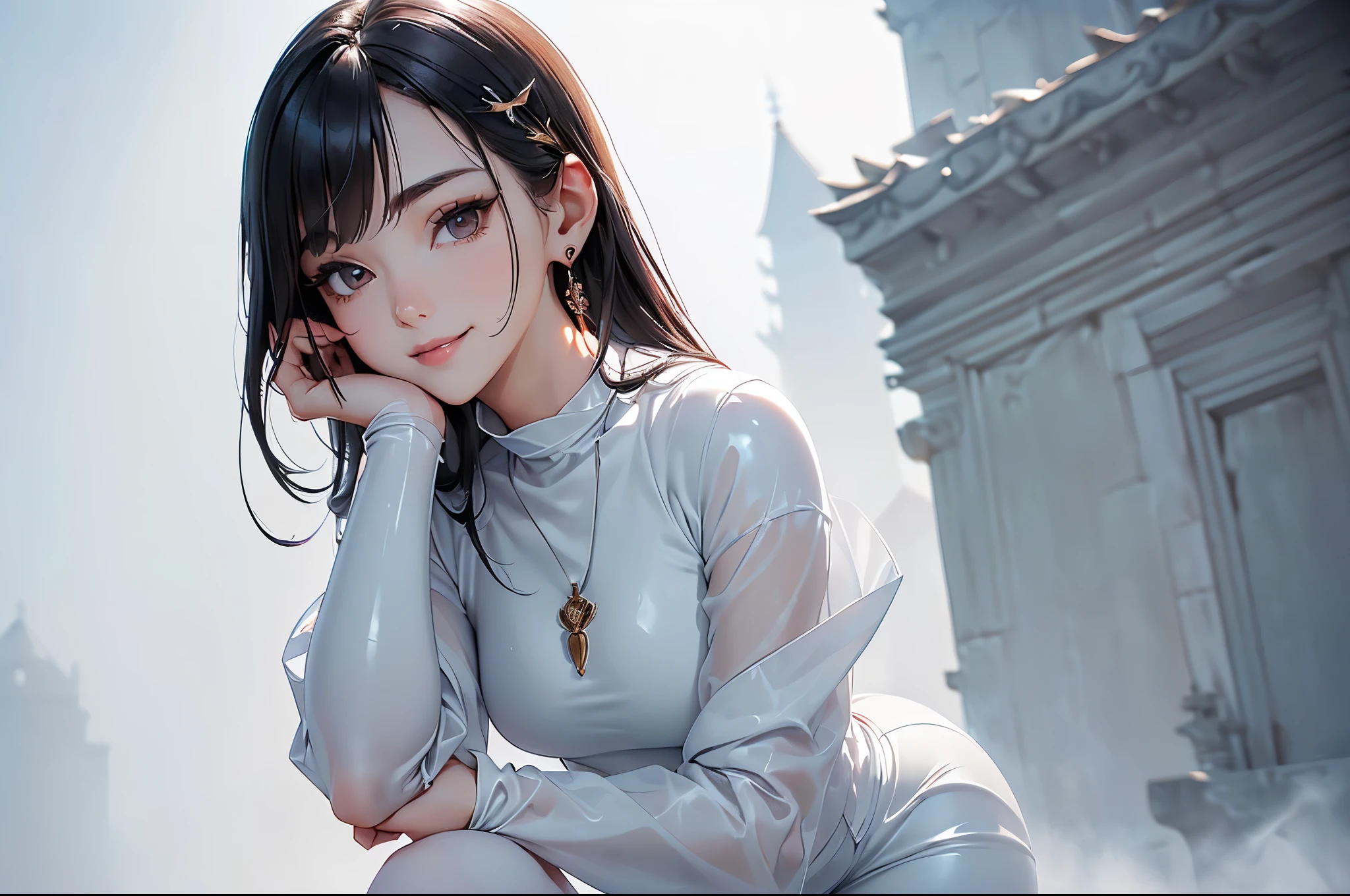 ((Biologically correct limb count))、((Full Body Shot, Full-body photo including face、Head to toe photos))、4K、masterpiece、((Focus on the face))、((Symmetrical facial features))、Eyes of meticulous depiction、Beautiful woman、Excellent style、Beautiful feet、(Black Stockings、High heels with anklets）、Detailed depiction of the face、Small earrings、necklace、((Close-up photo of the upper body))、(white latex shirt、Latex skirt、Monastic Clothes）、Scenery of the old castle、（Low - Angle）、(smile)、((Thick morning fog all around)、I can&#39;t see anything around me)、((Face down on the bench、Lying down))