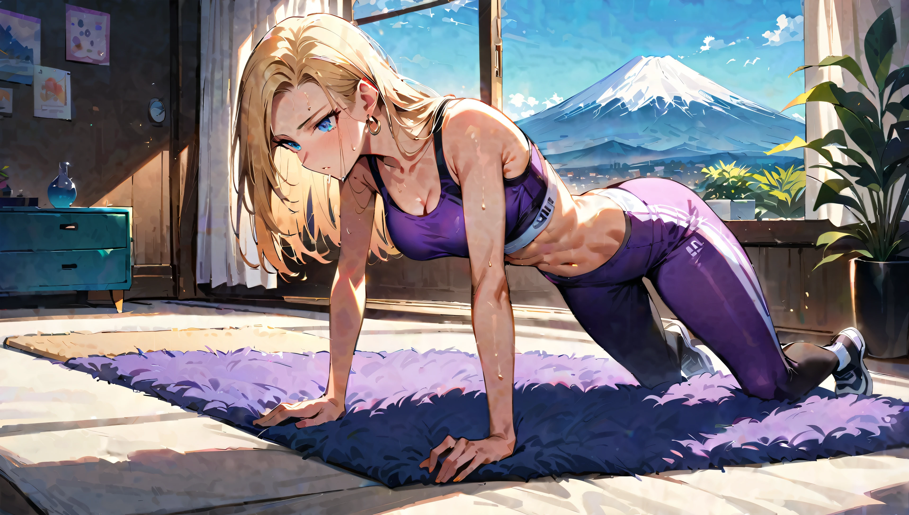 (masterpiece, best quality:1.2), frontal full body shot, Android 18 from Dragon Ball in a plank position, modern feminine room with white and pastel decor, plush rug, accents like potted plants, arms bent at the elbows, legs fully extended straight forming a rigid line from heels to shoulders, core engaged, wearing (purple training wear, e.g. sports bra and leggings), (white over-ear headphones must be worn), short blonde hair pulled back with strands sticking to her sweaty forehead, blue eyes, earrings on earlobes, sweating from the intense core exercise, slender feminine figure with toned abs and arms, narrow waistline, daylight streaming in through large windows, showing Mount Fuji and sun in the distance, 4K