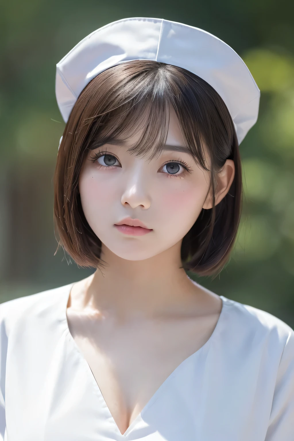 (1 Girl)、(Beautiful Japanese、18years old,round face、Refreshing、clear、seems kind、stylish、Pitiful、cute like an angel、cute、black eyes、,actress,Almond-shaped eyes,Translucent white skin、Beautiful skin), Good style , (((Beautiful big breasts:1.2))),(((soft breasts))),(very cute),(Black hair),(short bob hair),(enchanting eyes),(highlight on eyes:1.2)、(8K、Live shooting、highest quality、masterpiece:1.2、optimal lighting)、((masterpiece)),(Photo taken by a professional photographer),(real、photo real:1.4),break,{ (White nurse costume),(((taraditional nurse uniform)))},(tears:1.4))(cheeks are red:1.2), break, break,Old abandoned hospital,Face shot:1.3、looking at viewer, face close-up,Looking up、Cleavage:1.5、Peering in with a worried look on his face。(((Looking back))),Weak face,From below