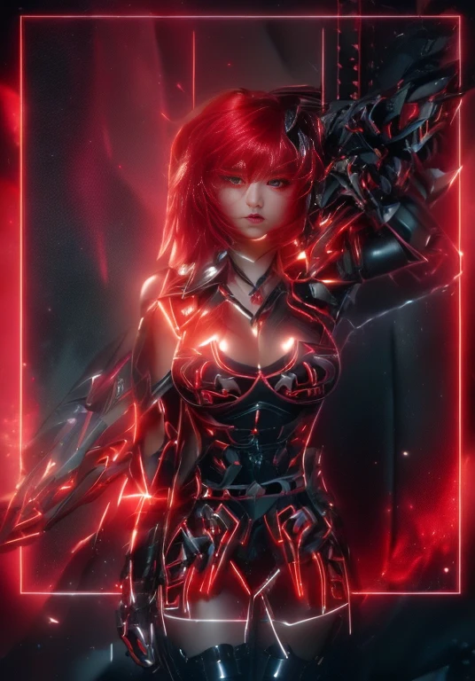 a ultra beautiful girl, with a (black techno fantasy armor) and a great sword in the back, cute, 12k, uhd, photorealistic, red decourations, (black short hairs), ((european race)), (ultra beautiful gorgeous realistic), naked belly and (naked arms), black armour, red decourations, red great sword, black hairs