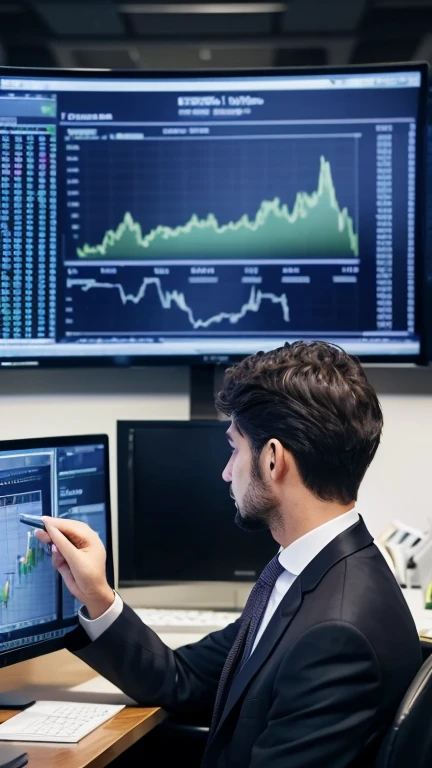 A man in a suit checking stock prices on a computer. In the background, there is a large stock market chart showing various stock prices and trends. The man looks focused and concerned. The scene is set in a modern office environment.