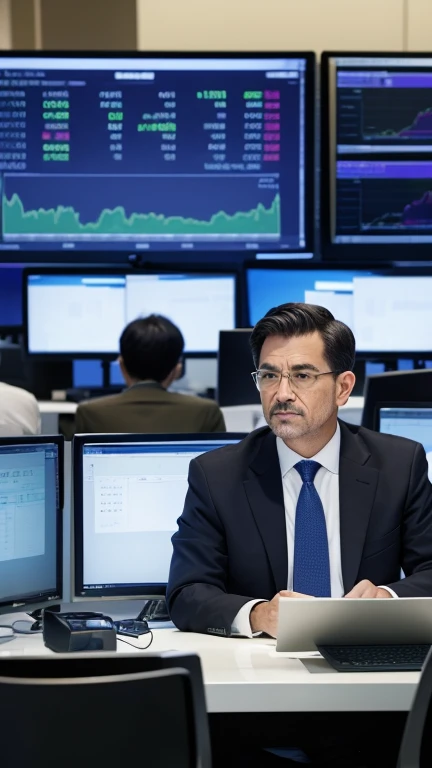 A man in a suit checking stock prices on a computer. In the background, there is a large stock market chart showing various stock prices and trends. The man looks focused and concerned. The scene is set in a modern office environment.