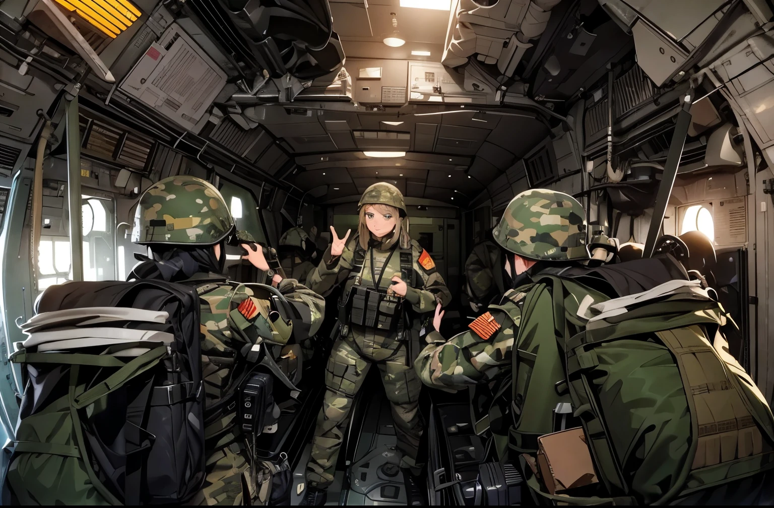 Female soldiers in camouflage uniforms standing inside an airplane, AFP, Aerial view, perfect army composure, SSAO, operation highJump, army, Amazing details, Reddit post, mid air shot, Jump, slide show, Dramatic shot, Superior, Excellent detail, army photography, A dramatic masterpiece, rendering, Close-up - view