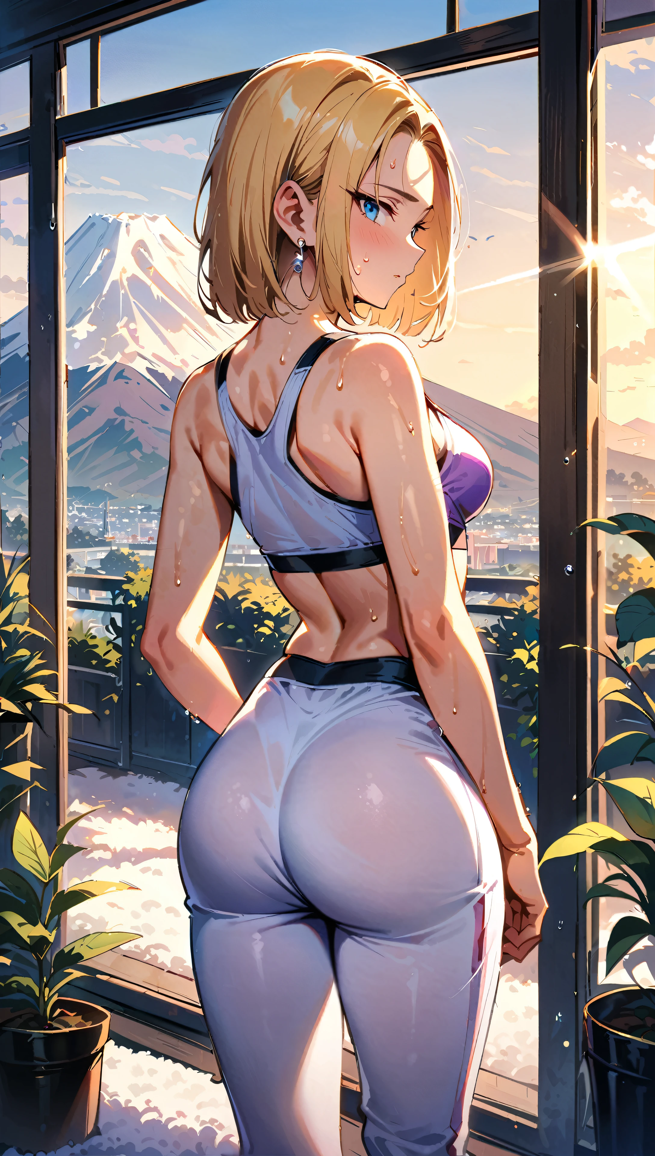 (masterpiece, best quality:1.2), rear view shot, Android 18 from Dragon Ball, standing with her back towards the camera, looking over her shoulder to face the camera, (purple training wear e.g. sports bra and leggings), purple training shoes, (white over-ear headphones), short blonde hair, her sweaty forehead, blue eyes, earrings on earlobes, sweating, slender feminine figure, narrow waistline, slim thighs visible from behind, soft gentle expression, modern feminine room, white decor, white plush rug, potted plants, daylight streaming, large windows, Mount Fuji, morning, 4K