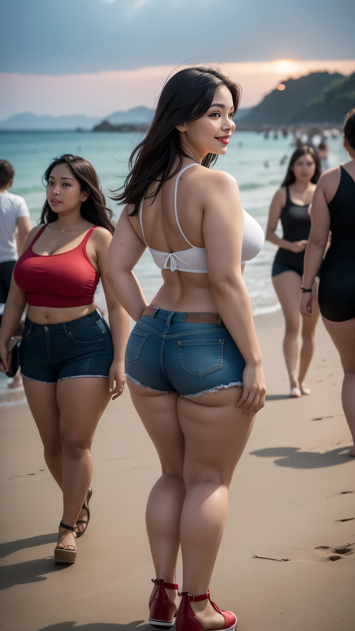 4fatgirls freinds group , fat body , thick body , thick waist and thick hips , , soft curvy body sape , thick hips , widest hips ,smooth whight skin , round face , red lips , smile , long brown stable heir , long lage, red shoes large breasts, large hip, one hand in pocket , jease shorts , long shorts, full body view long distance camera angle , Face around back side , hip on front on camera , environment night beach, in water ,back multiple people walking Crowd , 4k quality