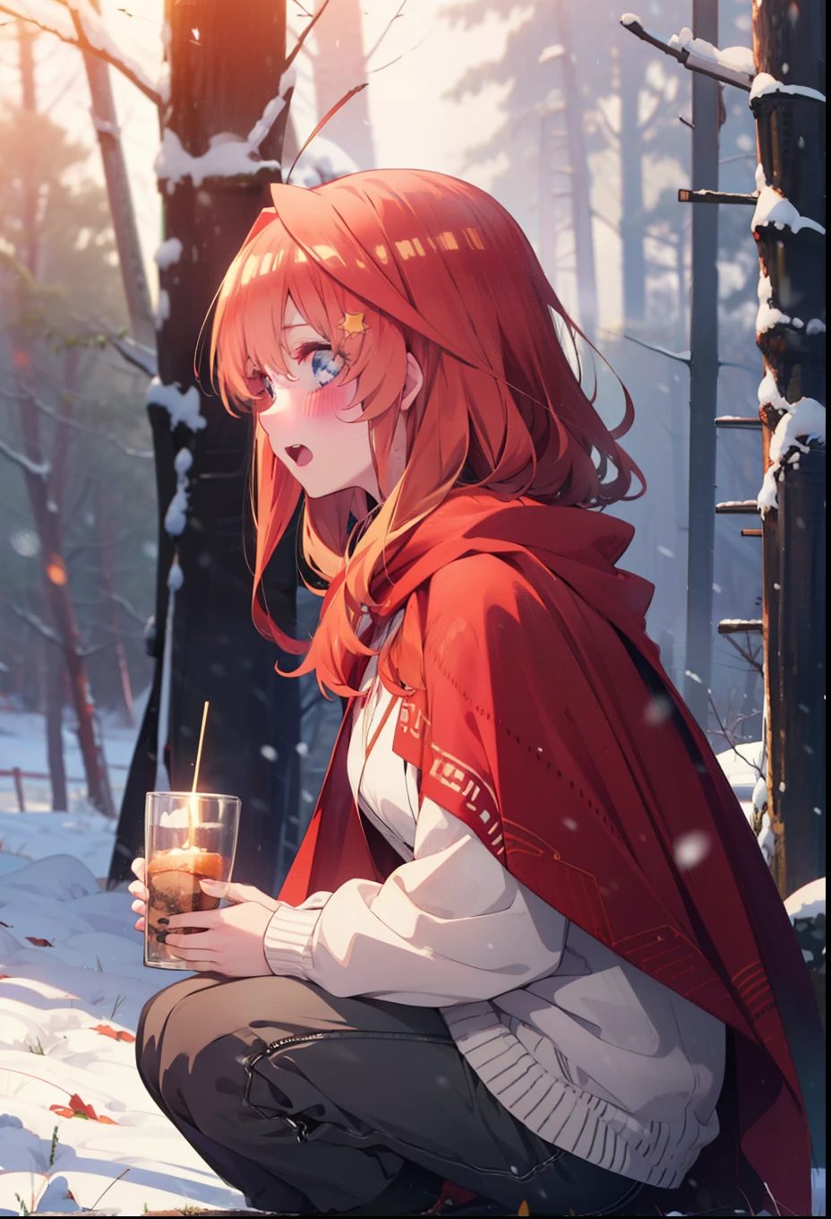 itsukinakano, Itsuki Nakano, bangs, blue eyes, Hair between the eyes, Ahoge, Redhead, star \(symbol\), hair ornaments, star hair ornaments,smile,blush,White Breath,
Open your mouth,snow, fire, Outdoor, boots, snowing, From the side, wood, suitcase, Cape, Blurred, Increase your meals, forest, White handbag, nature,  Squat, Mouth closed, フードed Cape, winter, Written boundary depth, Black shoes, red Cape break looking at viewer, Upper Body, whole body, break Outdoor, forest, nature, break (masterpiece:1.2), highest quality, High resolution, unity 8k wallpaper, (shape:0.8), (Beautiful and beautiful eyes:1.6), Highly detailed face, Perfect lighting, Extremely detailed CG, (Perfect hands, Perfect Anatomy),