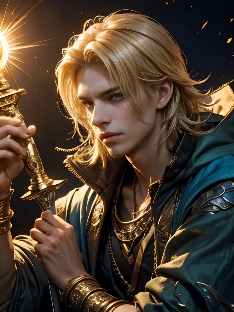 Highest quality,sun,Ace of Swords,Light Hair,vitality,male,youth,fortune teller,Fantasy
