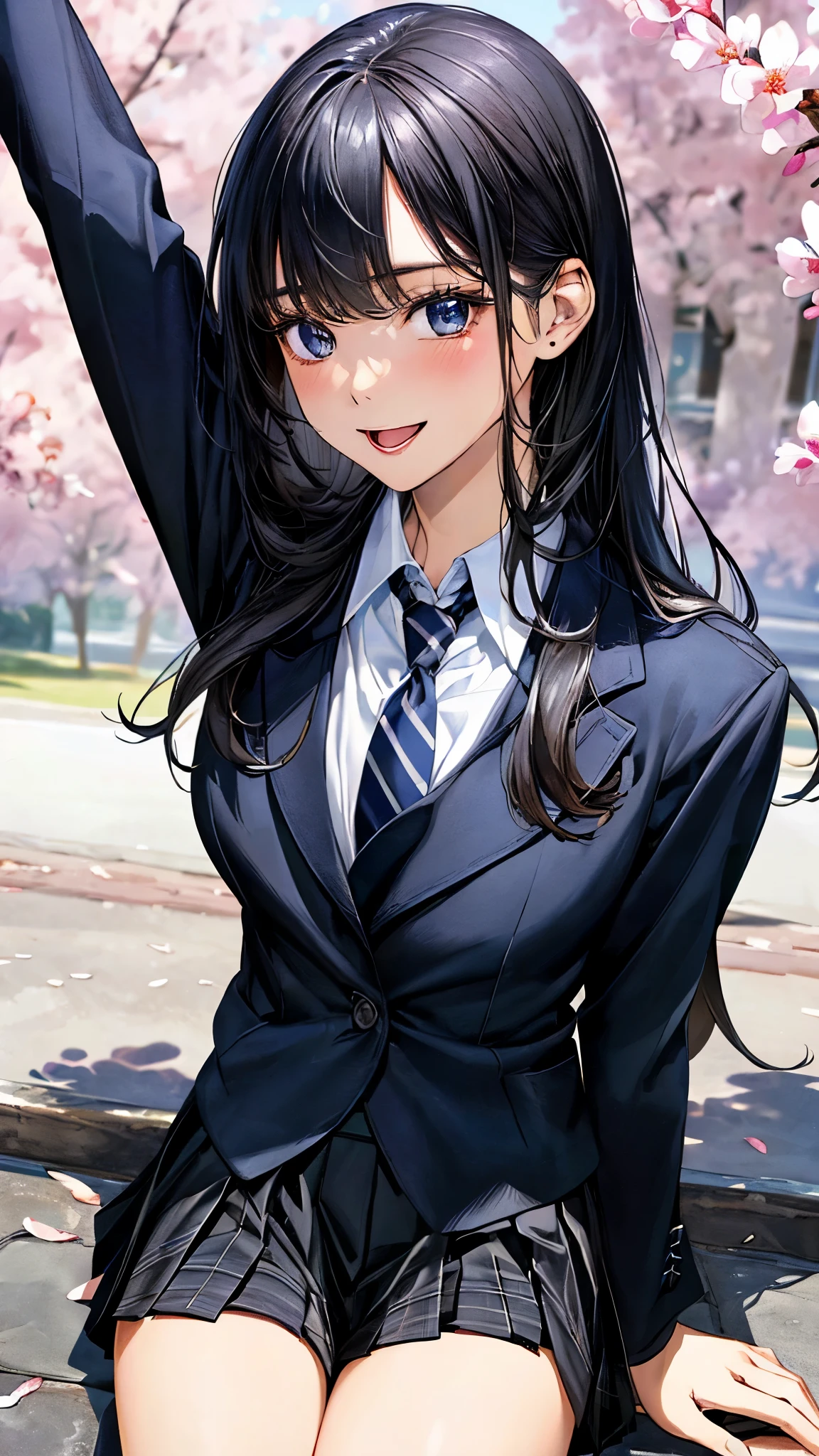 (masterpiece:1.3, top-quality, ultra high res, ultra detailed), (realistic, photorealistic:1.4), beautiful illustration, perfect lighting, natural lighting, colorful, depth of fields, ,
beautiful detailed hair, beautiful detailed face, beautiful detailed eyes, beautiful clavicle, beautiful body, beautiful chest, beautiful thigh, beautiful legs, beautiful fingers, shiny skin, babyface,
looking at viewer, (face focus), 1 girl, high school girl, (perfect anatomy, anatomically correct, super detailed skin), cute and symmetrical face, perfect face, perfect eyes,
(long hair, straight hair, navy hair), swept bangs, blue eyes, long eyelashes, (small breasts, seductive thighs), slender, outstanding style, ,
(detailed cloth texture), break, ((black blazer, black over plaid pleated skirt)), break, (blue grey cardigan, blue tie), break, (white collared shirt), break,
(beautiful scenery), spring\(season\), late afternoon, (grassy, kitten), sitting, (lovely smile, open mouth small),