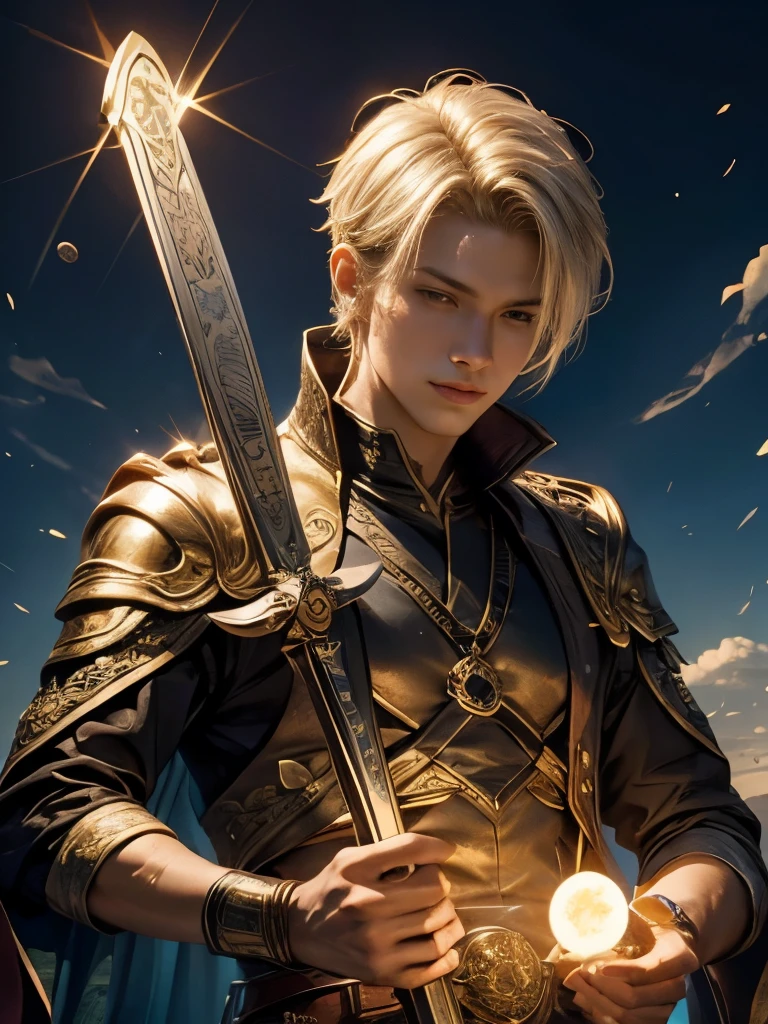 Highest quality,sun,Ace of Swords,Light Hair,vitality,male,youth,fortune teller,Fantasy