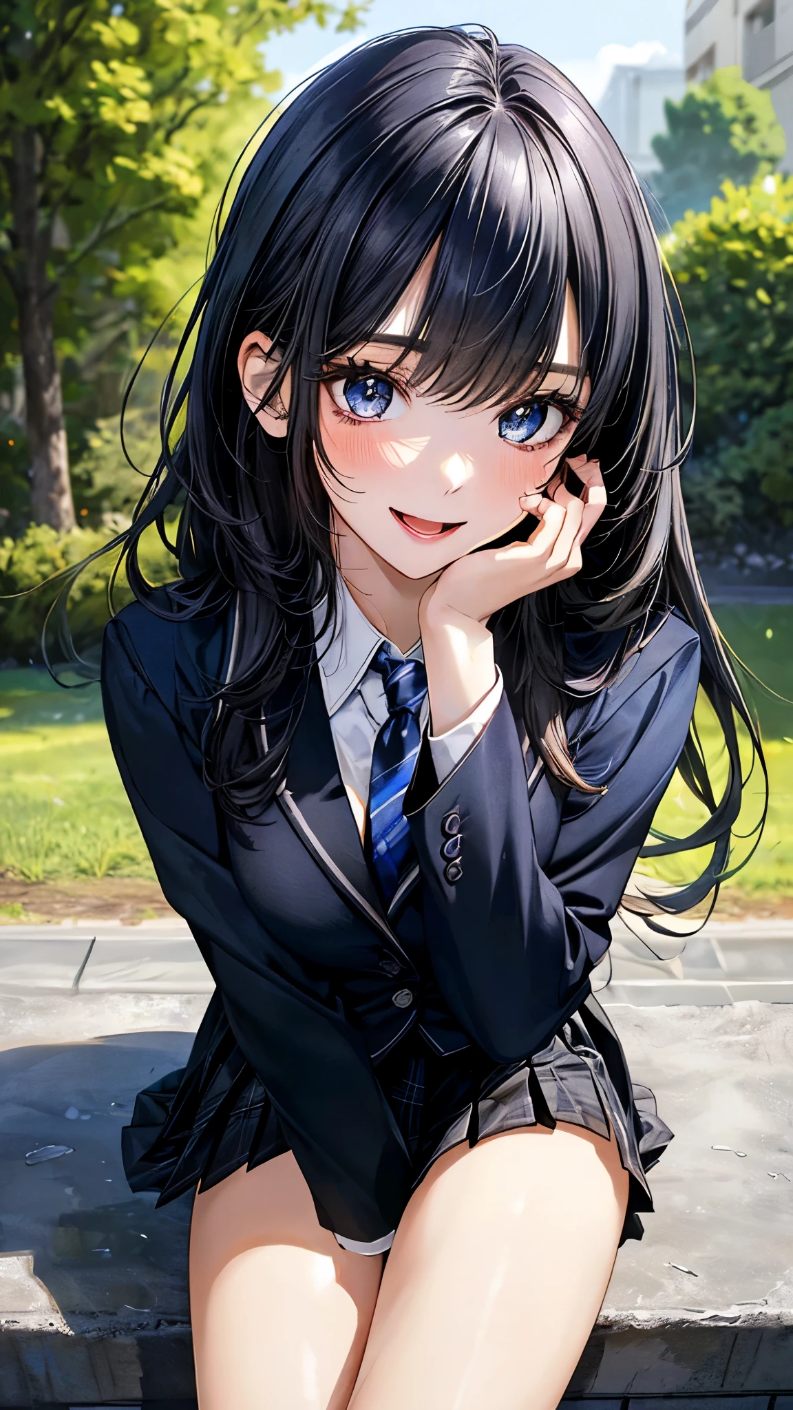 (masterpiece:1.3, top-quality, ultra high res, ultra detailed), (realistic, photorealistic:1.4), beautiful illustration, perfect lighting, natural lighting, colorful, depth of fields, ,
beautiful detailed hair, beautiful detailed face, beautiful detailed eyes, beautiful clavicle, beautiful body, beautiful chest, beautiful thigh, beautiful legs, beautiful fingers, shiny skin, babyface,
looking at viewer, (face focus), 1 girl, high school girl, (perfect anatomy, anatomically correct, super detailed skin), cute and symmetrical face, perfect face, perfect eyes,
(long hair, straight hair, navy hair), swept bangs, blue eyes, long eyelashes, (small breasts, seductive thighs), slender, outstanding style, ,
(detailed cloth texture), break, ((black blazer, black over plaid pleated skirt)), break, (blue grey cardigan, blue tie), break, (white collared shirt), break,
(beautiful scenery), spring\(season\), late afternoon, (grassy, kitten), sitting, (lovely smile, open mouth small),