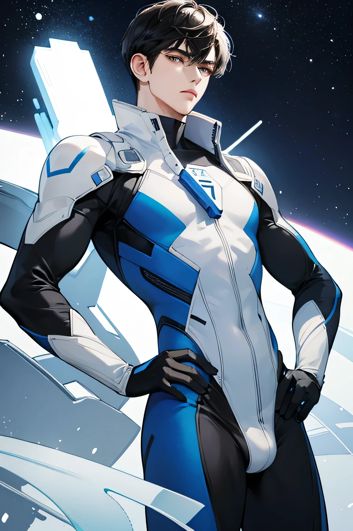 Handsome male 22 years old cyborg Very short, cropped black hair future universe Science fiction The background is the galaxy universe A very tight white and blue rubber suit Plug Suit Gloves looking at the camera White mega bulge HandsomeblTwo people