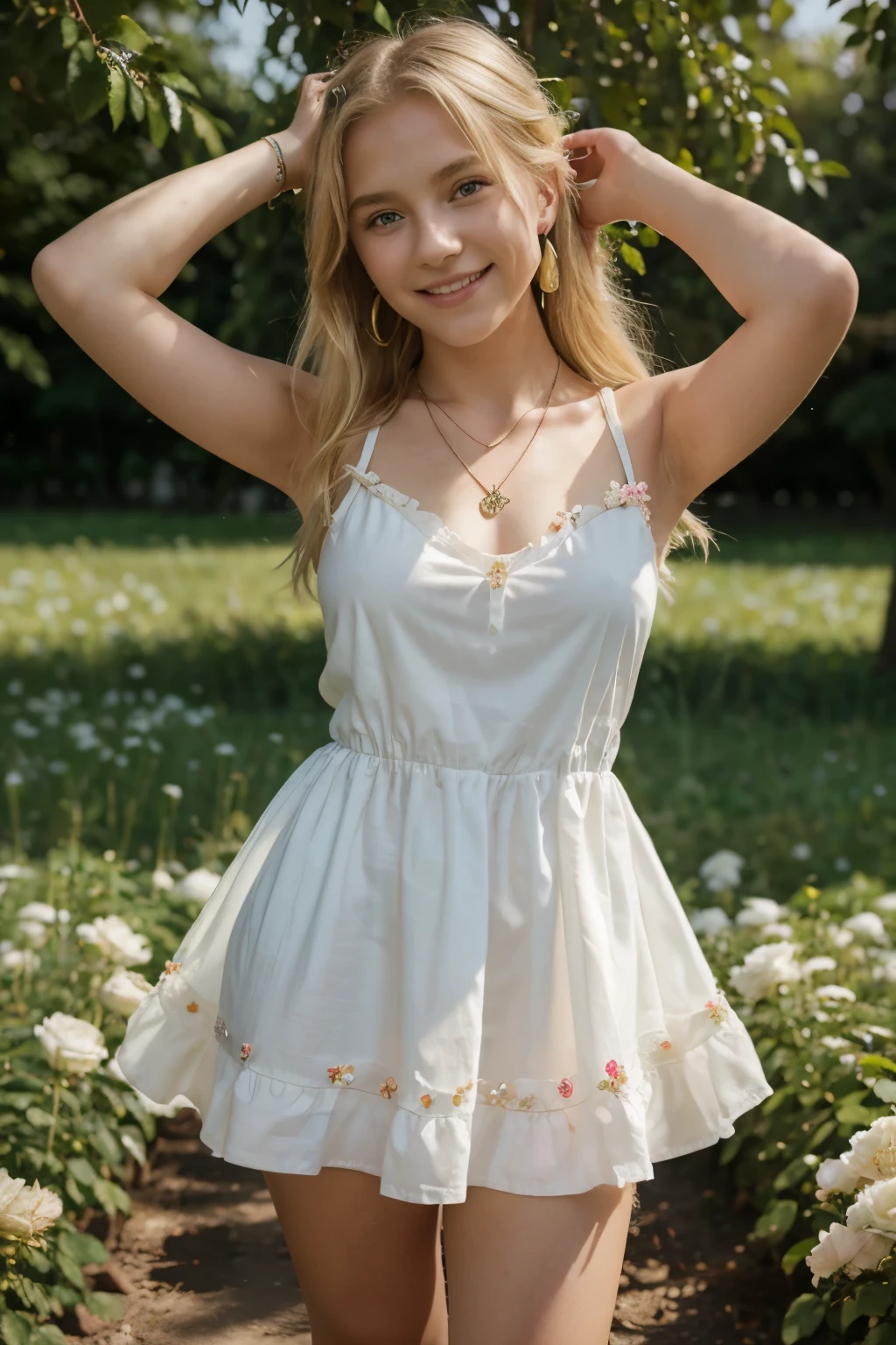 a 12 years old girl, green eyes, blond hair, small breasts, smiling, short white dress, a necklace, big earrings, in a flower land with roses, 8k, high quality, cute face, masterpiece, full body