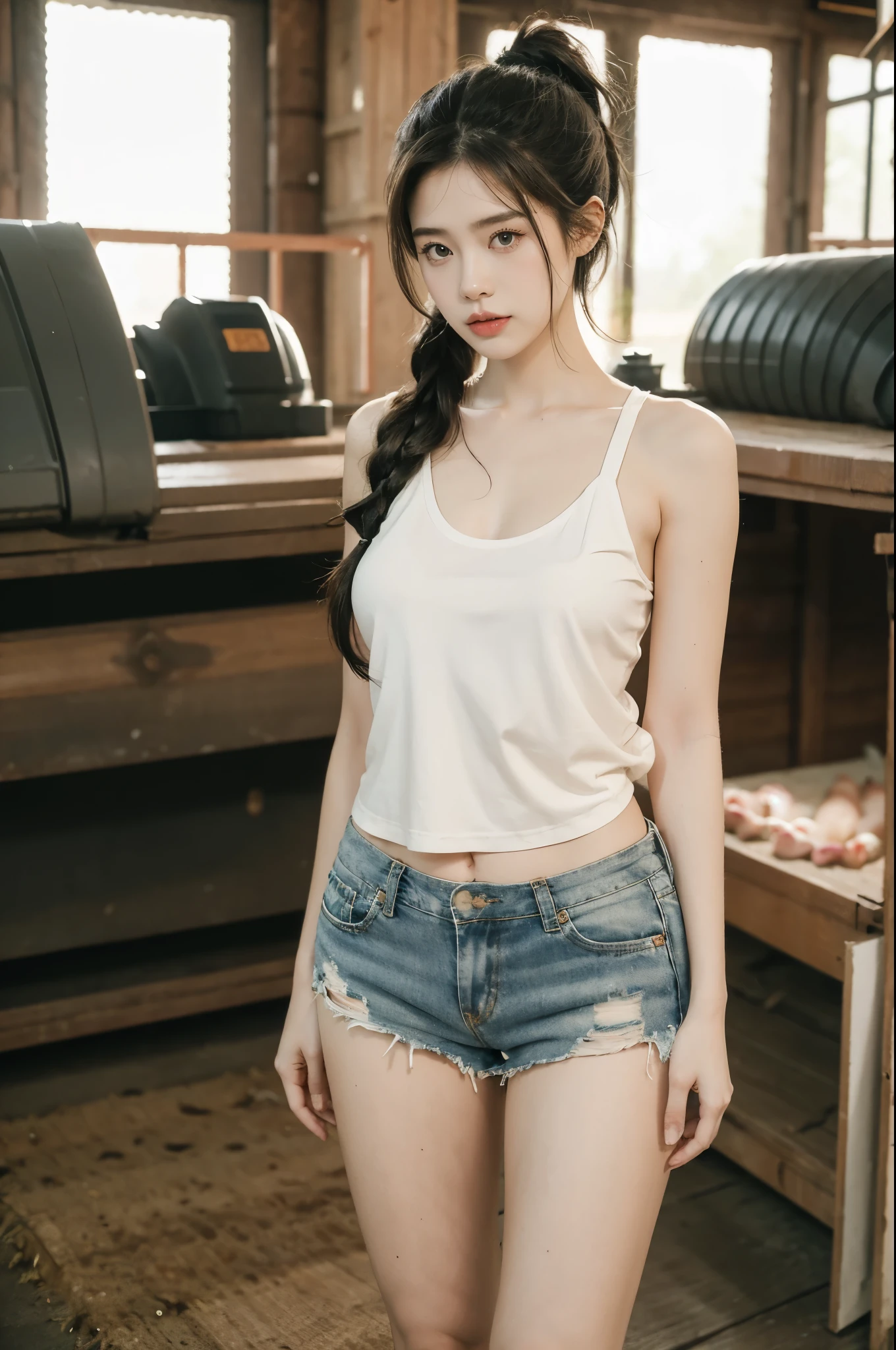 group photo of a girl and a huge pig,stood in the middle of a pig farm,short ponytail,bare shoulders,flat chests,torn tank top,torn shorts,arms behind back,slender legs,realistic scenery,photography carnival,wildlife photography,aurora punk,animal and human styles,upper body,indoor