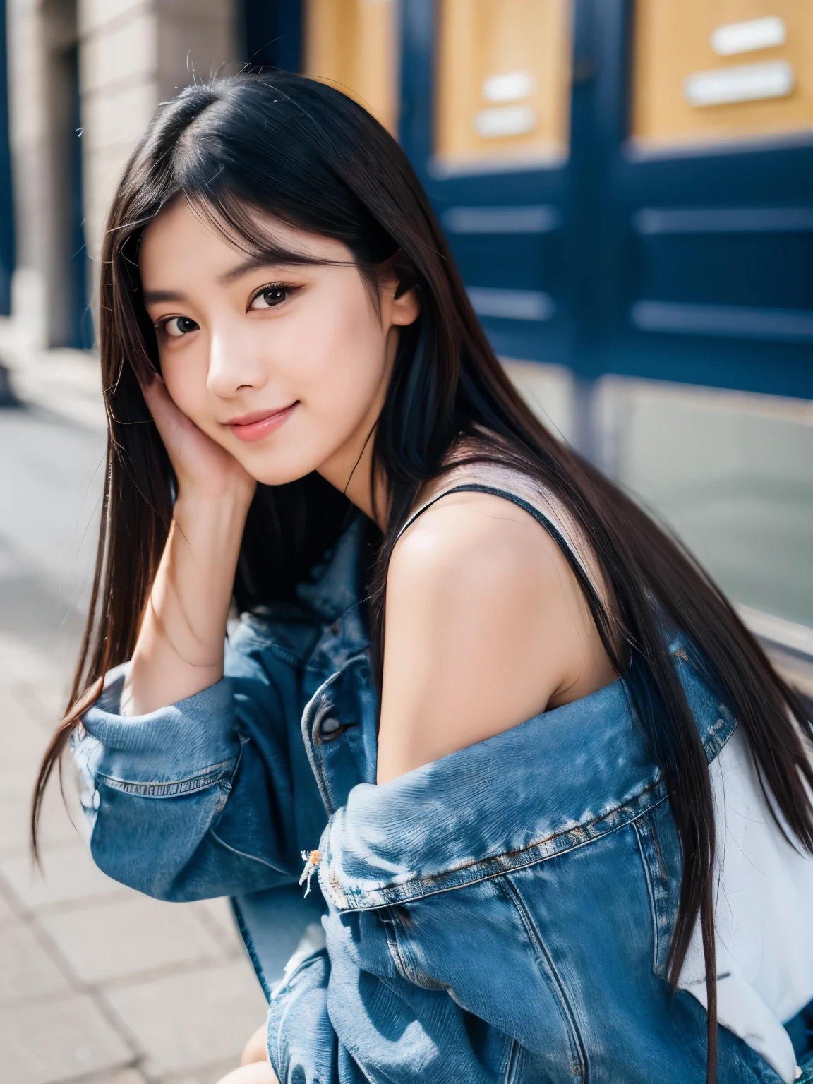 araffe woman with long black hair wearing a denim jacket, portrait of female korean idol, portrait of jossi of blackpink, shot on canon eos r5, shot on canon eos r 5, wan adorable korean face, shot on nikon z9, jinyoung shin, captured on canon eos r 6, taken with canon eos 5 d mark iv
