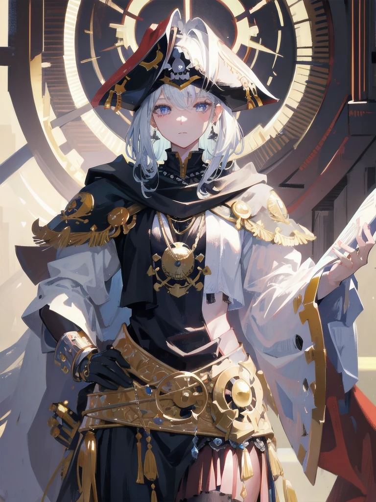 absurdres, RAW photo, extremely delicate and beautiful, masterpiece, Best Quality, ultra high resolution, 32k, hyperrealistic, ultra-detailed, perfect figure, detailed description, pale skin, 20 years old, detailed beautiful face and eyes, tearful mole, earring, short medium hair, wavy hair, full body, a heavily armored pirate, pirate captain, detailed metal armor, intricate pirate clothing, bold colors, highly detailed metal textures,