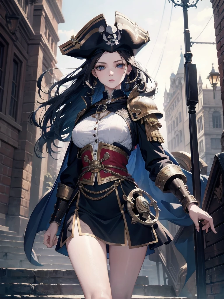 absurdres, RAW photo, extremely delicate and beautiful, masterpiece, Best Quality, ultra high resolution, 32k, hyperrealistic, ultra-detailed, perfect figure, detailed description, pale skin, 20 years old, detailed beautiful face and eyes, tearful mole, earring, short medium hair, wavy hair, full body, a heavily armored pirate, pirate captain, detailed metal armor, intricate pirate clothing, bold colors, highly detailed metal textures,